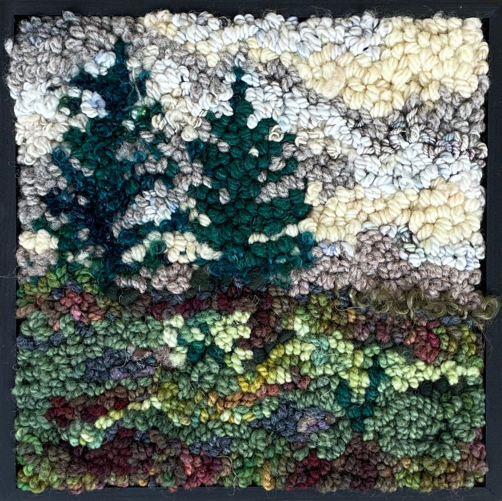 update alt-text with template Mystery of the Two Lonely Spruce with Butter Cream Sky - 8" x 8" Framed-Original Rugs-Deanne Fitzpatrick Rug Hooking Studio-Rug Hooking Kit -Rug Hooking Pattern -Rug Hooking -Deanne Fitzpatrick Rug Hooking Studio -Is rug hooking the same as punch needle?