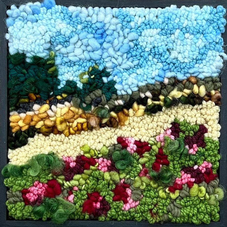 update alt-text with template Mystery of the Walk in the Roses and the Yellow Field - 8" x 8" kit sample Framed-Original Rugs-Deanne Fitzpatrick Rug Hooking Studio-Rug Hooking Kit -Rug Hooking Pattern -Rug Hooking -Deanne Fitzpatrick Rug Hooking Studio -Is rug hooking the same as punch needle?