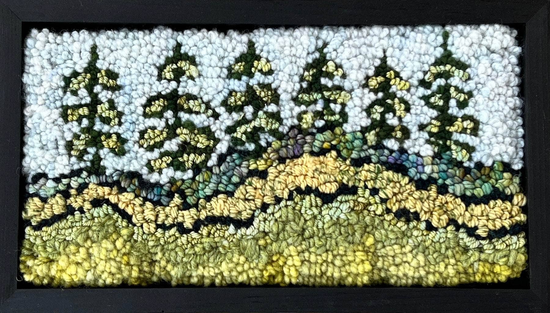 update alt-text with template Pale Pine Trees 6 1/2'' x 11 1/2" Framed-Original Rugs-Deanne Fitzpatrick Rug Hooking Studio-Rug Hooking Kit -Rug Hooking Pattern -Rug Hooking -Deanne Fitzpatrick Rug Hooking Studio -Is rug hooking the same as punch needle?