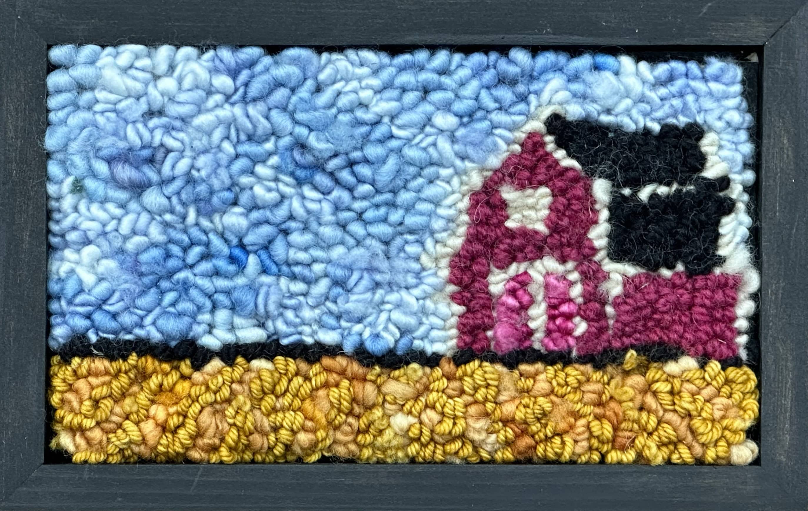 update alt-text with template Pink Barn and Canola 8.25" x 5.25" Framed-Original Rugs-Deanne Fitzpatrick Rug Hooking Studio-Rug Hooking Kit -Rug Hooking Pattern -Rug Hooking -Deanne Fitzpatrick Rug Hooking Studio -Is rug hooking the same as punch needle?