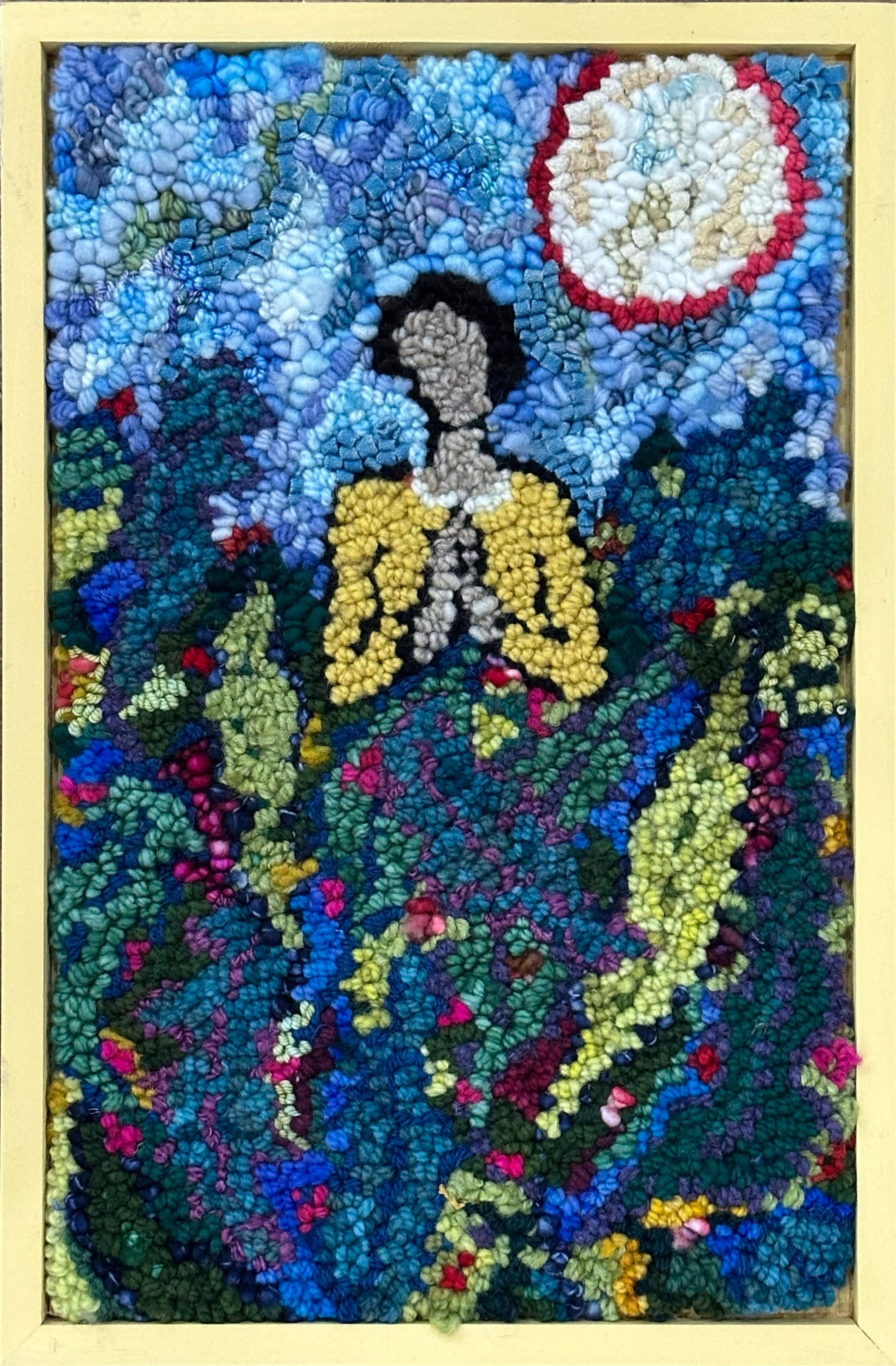 update alt-text with template Prayer to the moon of the Garden 10" x 15" Framed-Original Rugs-Deanne Fitzpatrick Rug Hooking Studio-Rug Hooking Kit -Rug Hooking Pattern -Rug Hooking -Deanne Fitzpatrick Rug Hooking Studio -Is rug hooking the same as punch needle?