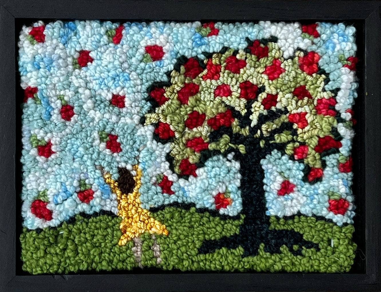 update alt-text with template Raining Apples 10 1/4'' x 7 3/4" Framed-Original Rugs-Deanne Fitzpatrick Rug Hooking Studio-Rug Hooking Kit -Rug Hooking Pattern -Rug Hooking -Deanne Fitzpatrick Rug Hooking Studio -Is rug hooking the same as punch needle?