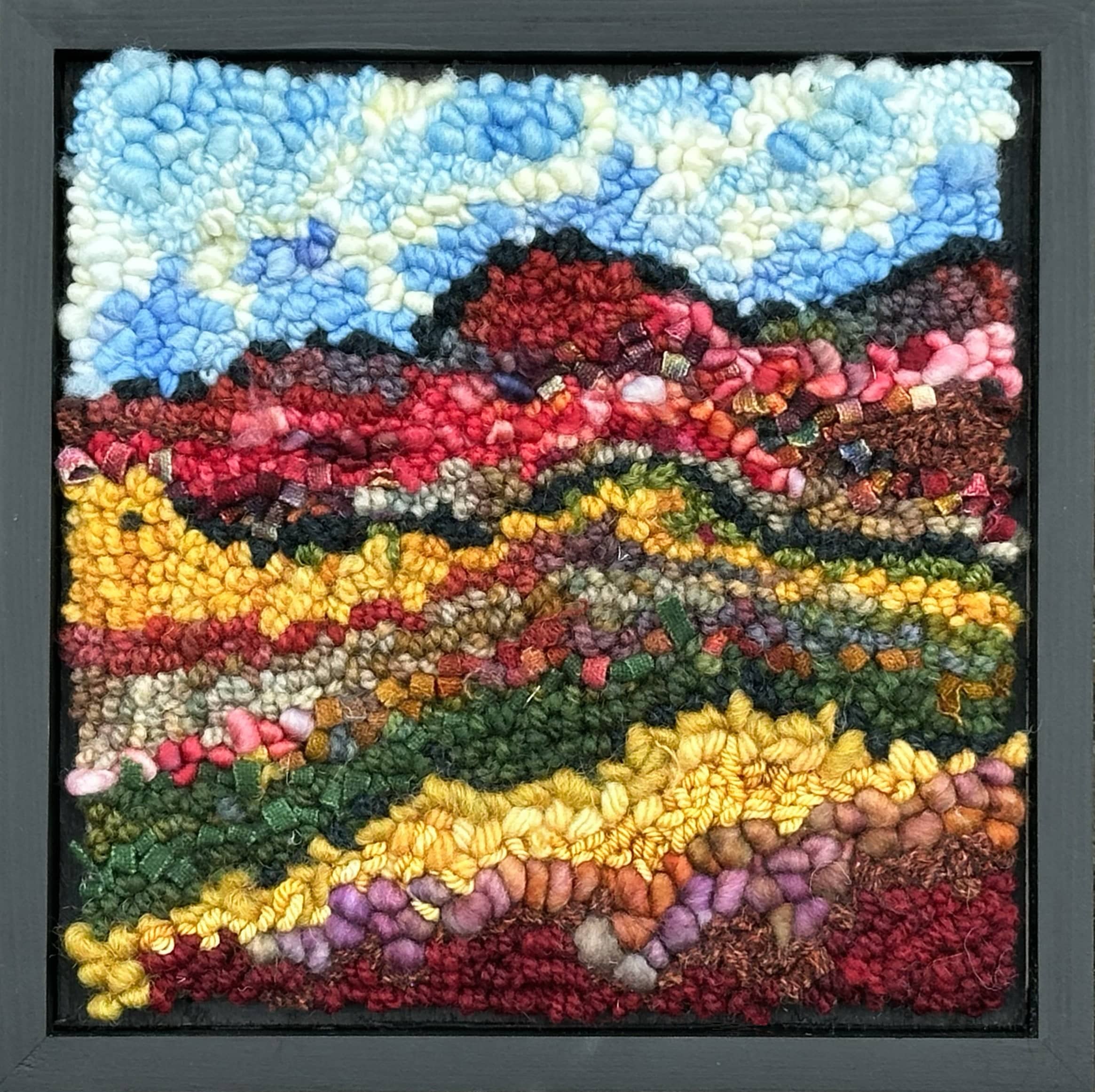 update alt-text with template Red Mountain 9.5" x 9.5" Framed-Original Rugs-Deanne Fitzpatrick Rug Hooking Studio-Rug Hooking Kit -Rug Hooking Pattern -Rug Hooking -Deanne Fitzpatrick Rug Hooking Studio -Is rug hooking the same as punch needle?