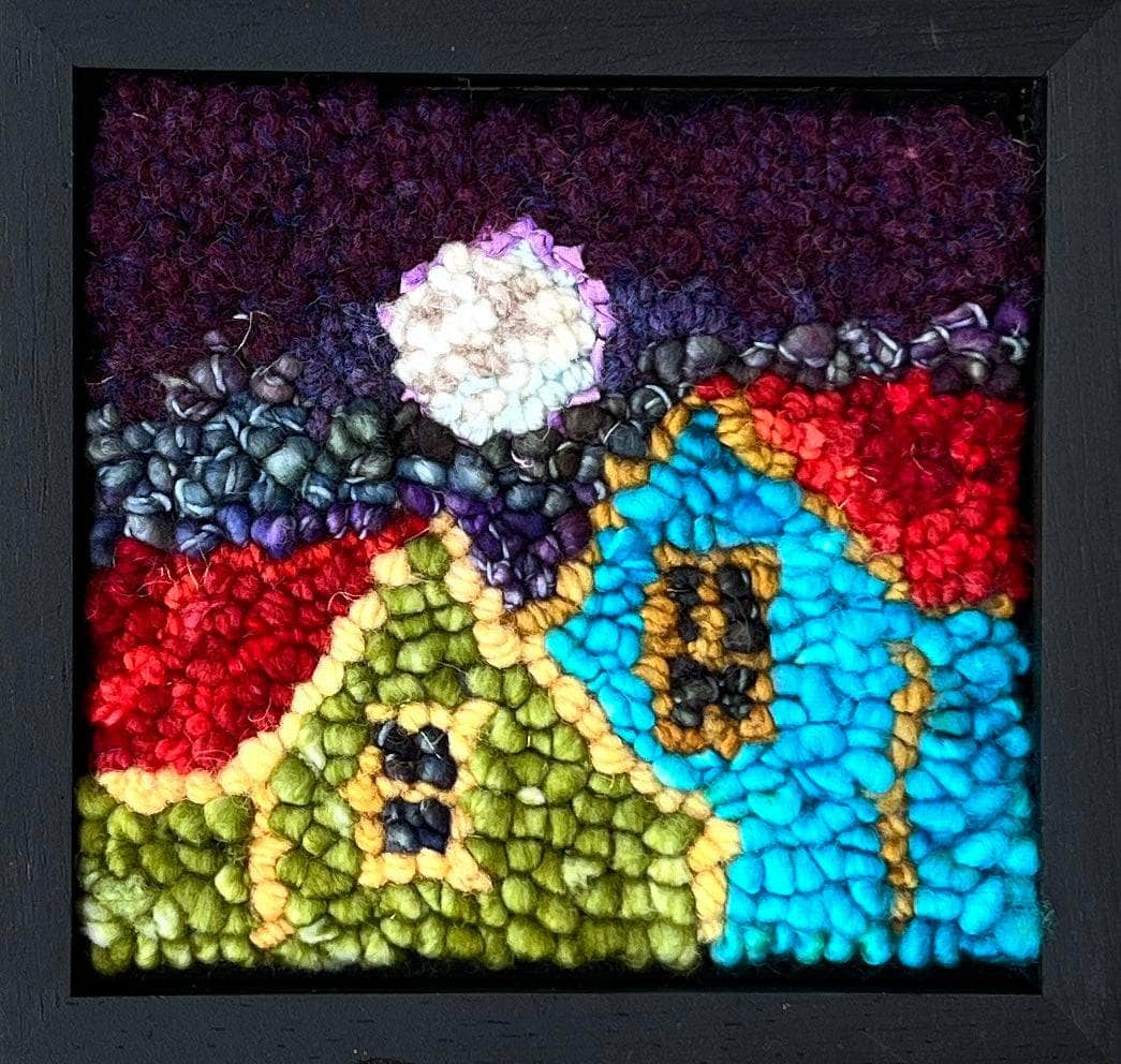 update alt-text with template Red Roofs 6 1/2'' x 6 3/4" Framed-Original Rugs-Deanne Fitzpatrick Rug Hooking Studio-Rug Hooking Kit -Rug Hooking Pattern -Rug Hooking -Deanne Fitzpatrick Rug Hooking Studio -Is rug hooking the same as punch needle?