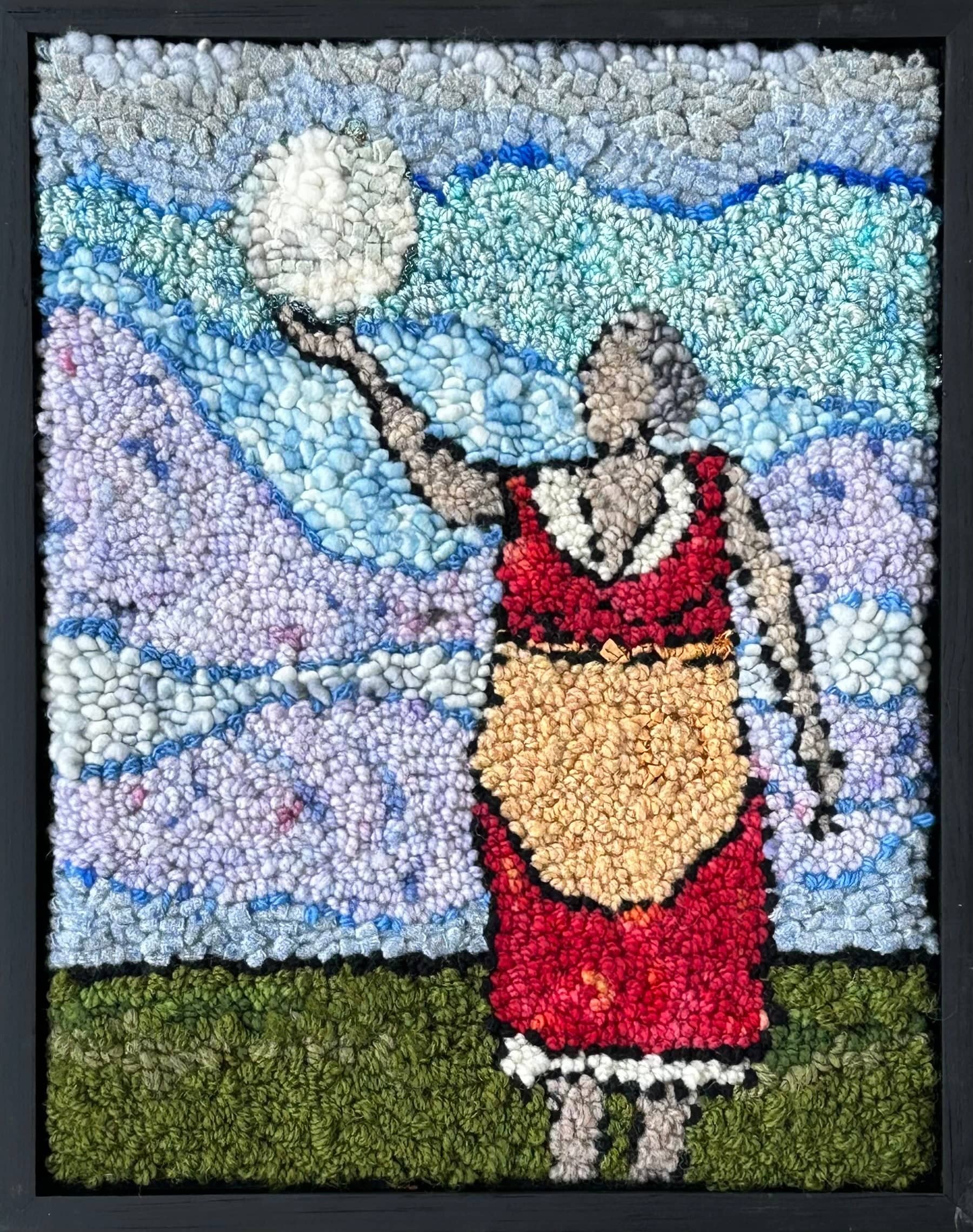 update alt-text with template Serving the Moon #1 11" x 15" Framed-Original Rugs-Deanne Fitzpatrick Rug Hooking Studio-Rug Hooking Kit -Rug Hooking Pattern -Rug Hooking -Deanne Fitzpatrick Rug Hooking Studio -Is rug hooking the same as punch needle?