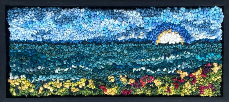 update alt-text with template Sunrise at Turquoise Cove - 17.75" x 8.25" Framed-Original Rugs-Deanne Fitzpatrick Rug Hooking Studio-Rug Hooking Kit -Rug Hooking Pattern -Rug Hooking -Deanne Fitzpatrick Rug Hooking Studio -Is rug hooking the same as punch needle?