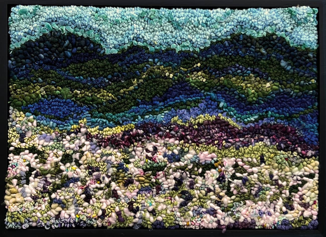 update alt-text with template The Blue Hills 19.5" x 14.25" Framed-Original Rugs-Deanne Fitzpatrick Rug Hooking Studio-Rug Hooking Kit -Rug Hooking Pattern -Rug Hooking -Deanne Fitzpatrick Rug Hooking Studio -Is rug hooking the same as punch needle?