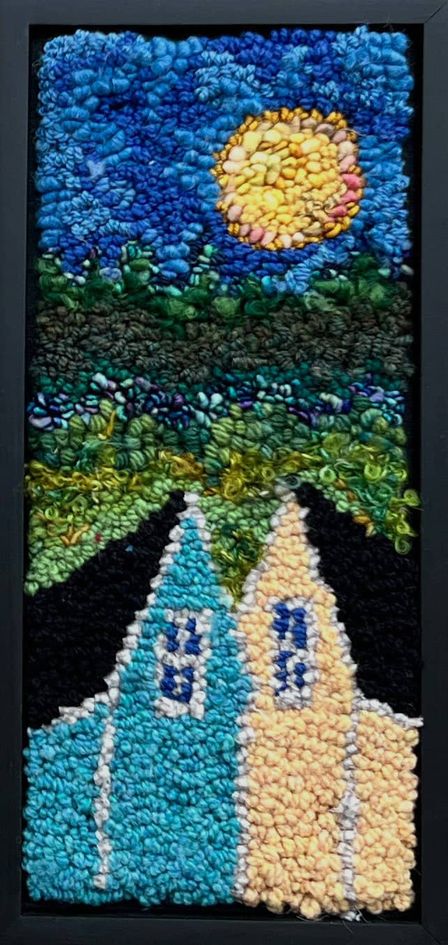 update alt-text with template The Yellow Moon 7.25" x 15.25" Framed-Original Rugs-Deanne Fitzpatrick Rug Hooking Studio-Rug Hooking Kit -Rug Hooking Pattern -Rug Hooking -Deanne Fitzpatrick Rug Hooking Studio -Is rug hooking the same as punch needle?