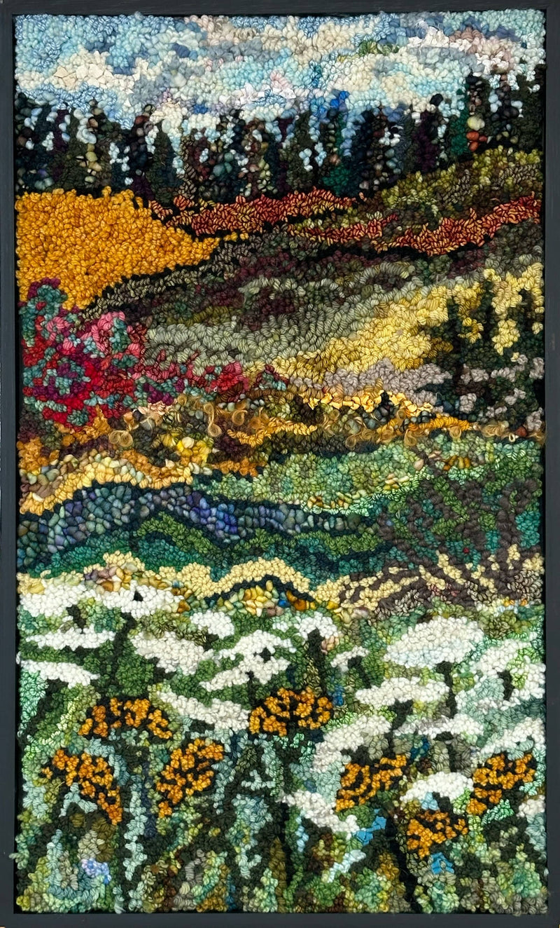 update alt-text with template Past August #1 17" x 29" Framed-Deanne Fitzpatrick Rug Hooking Studio-Rug Hooking Kit -Rug Hooking Pattern -Rug Hooking -Deanne Fitzpatrick Rug Hooking Studio -Is rug hooking the same as punch needle?