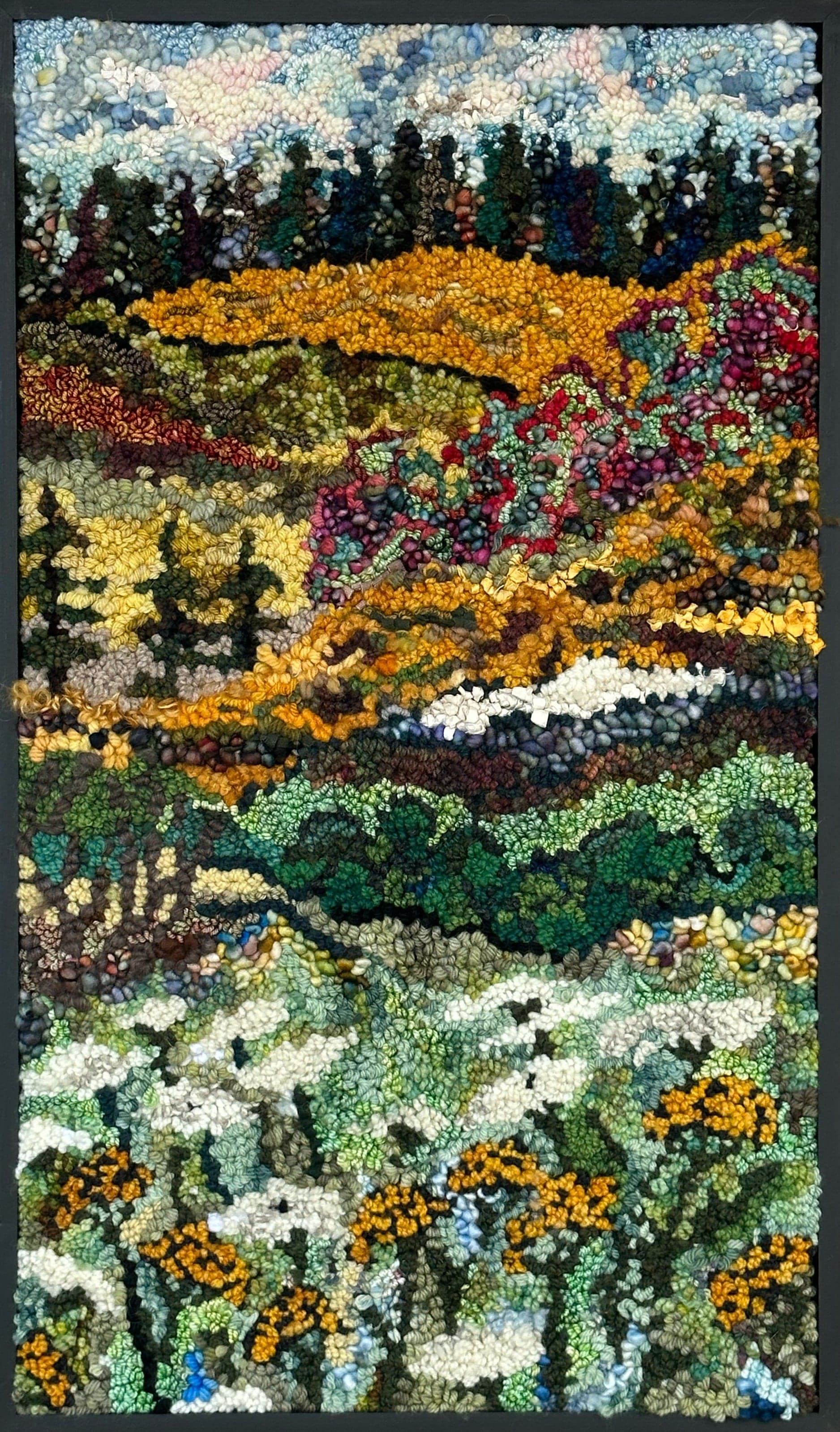 update alt-text with template Past August #2 17" x 29" Framed-Deanne Fitzpatrick Rug Hooking Studio-Rug Hooking Kit -Rug Hooking Pattern -Rug Hooking -Deanne Fitzpatrick Rug Hooking Studio -Is rug hooking the same as punch needle?