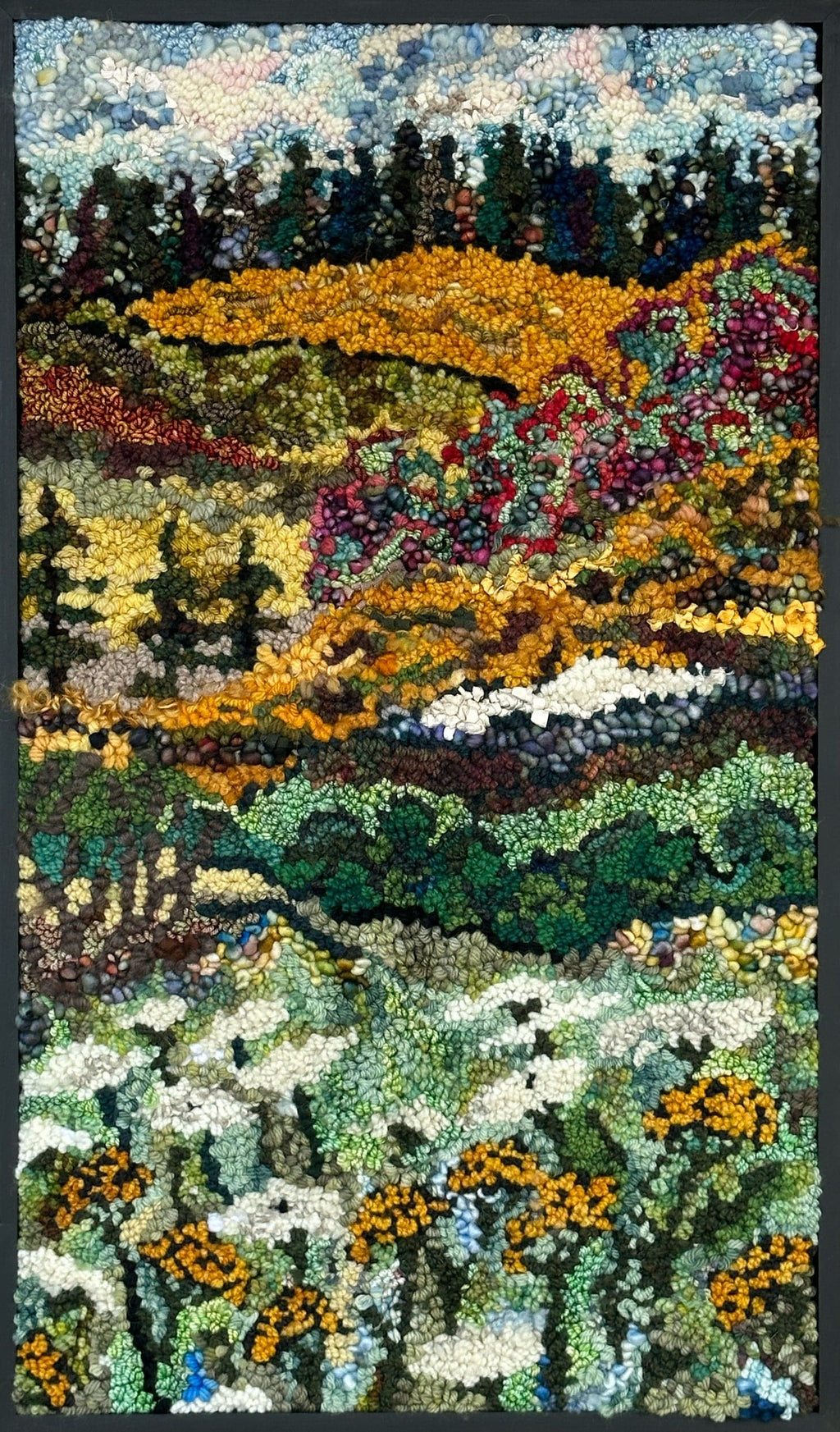 update alt-text with template Past August #2 17" x 29" Framed-Deanne Fitzpatrick Rug Hooking Studio-Rug Hooking Kit -Rug Hooking Pattern -Rug Hooking -Deanne Fitzpatrick Rug Hooking Studio -Is rug hooking the same as punch needle?