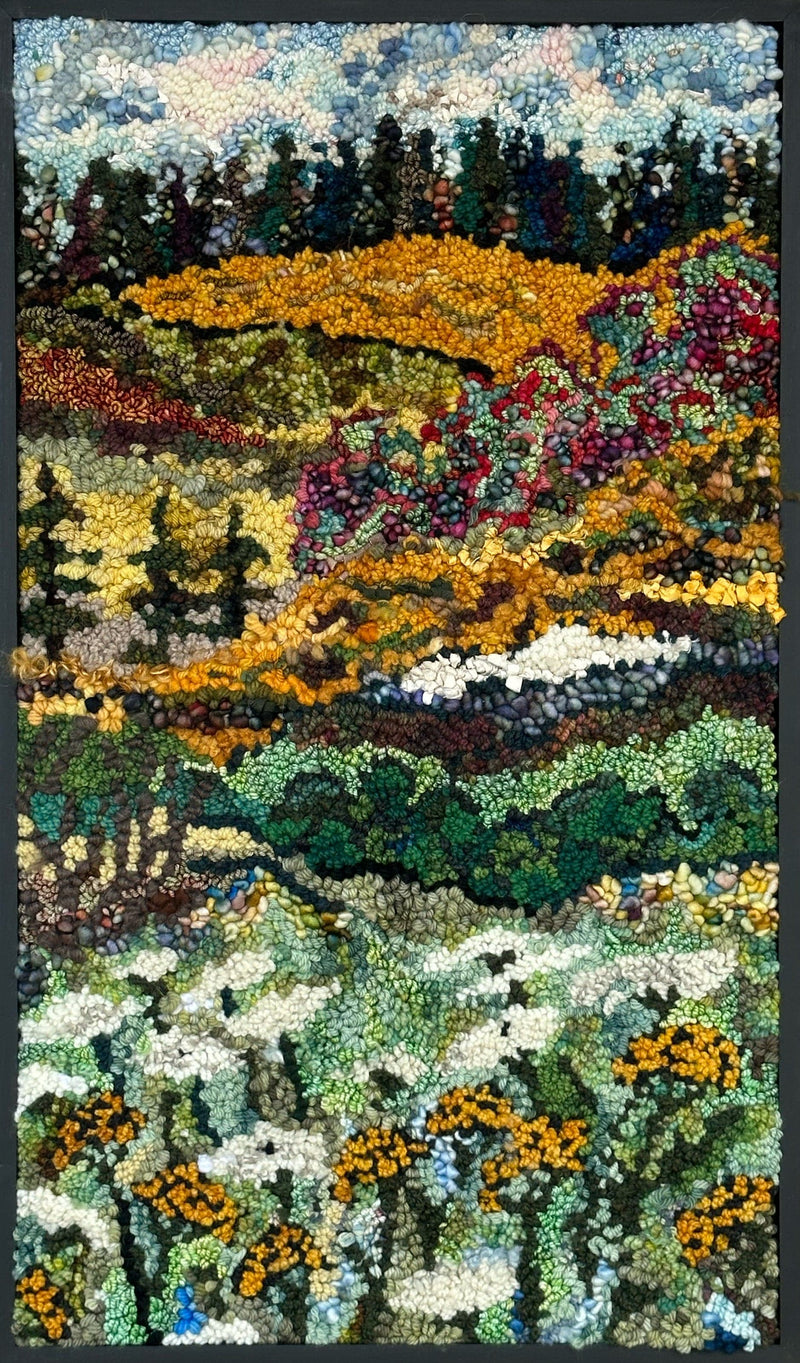update alt-text with template Past August #2 17" x 29" Framed-Deanne Fitzpatrick Rug Hooking Studio-Rug Hooking Kit -Rug Hooking Pattern -Rug Hooking -Deanne Fitzpatrick Rug Hooking Studio -Is rug hooking the same as punch needle?