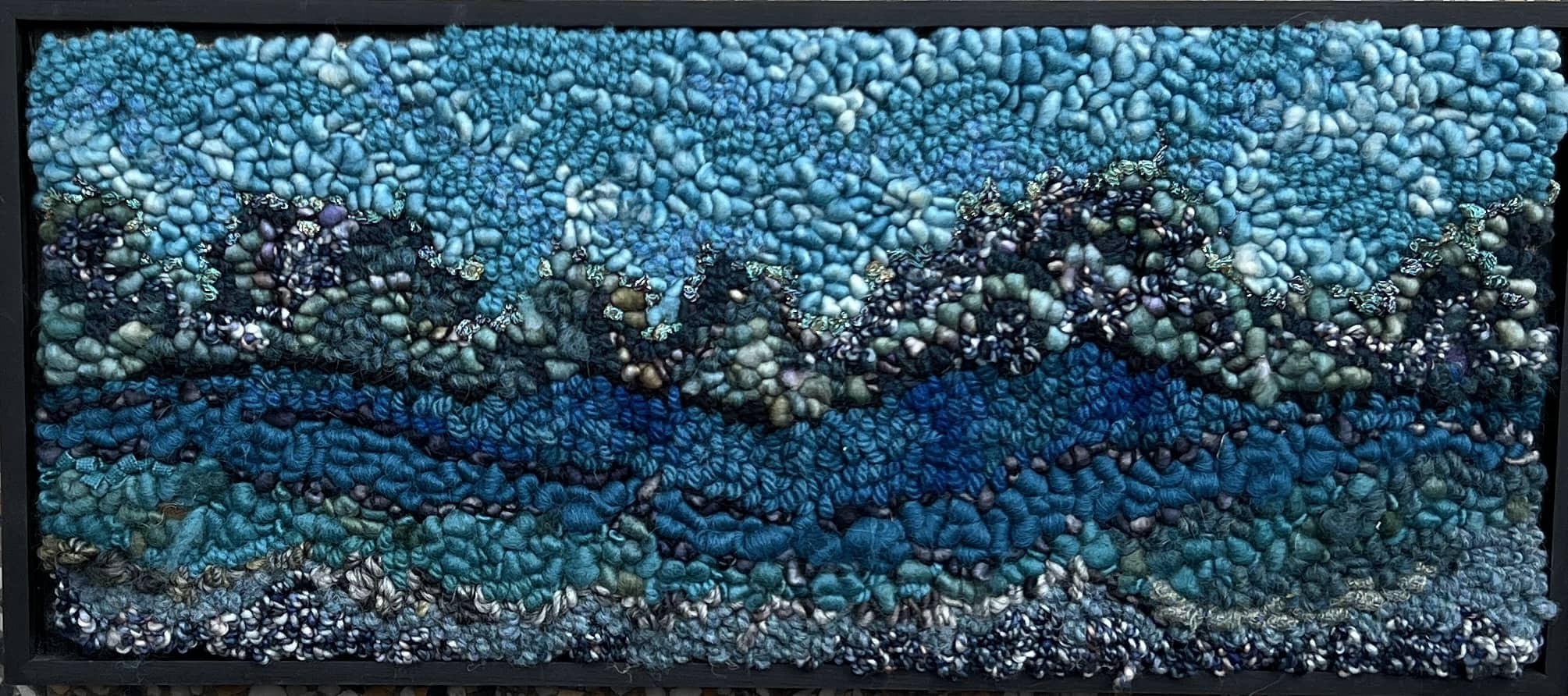 update alt-text with template Turquoise Landscape 7" x 18" Framed-Rugs for sale-Deanne Fitzpatrick Rug Hooking Studio-Rug Hooking Kit -Rug Hooking Pattern -Rug Hooking -Deanne Fitzpatrick Rug Hooking Studio -Is rug hooking the same as punch needle?