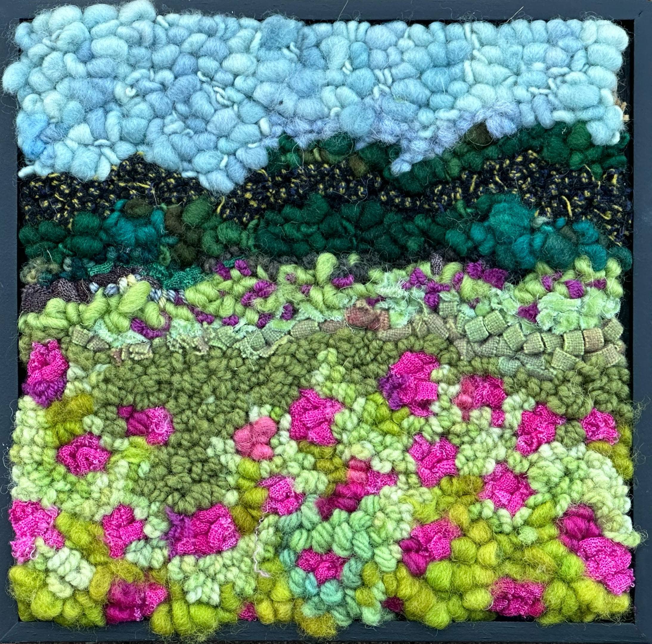 update alt-text with template Tiny Landscape Pink Roses 8.75" x 8.75" Framed-Rugs for sale-Deanne Fitzpatrick Rug Hooking Studio-Rug Hooking Kit -Rug Hooking Pattern -Rug Hooking -Deanne Fitzpatrick Rug Hooking Studio -Is rug hooking the same as punch needle?
