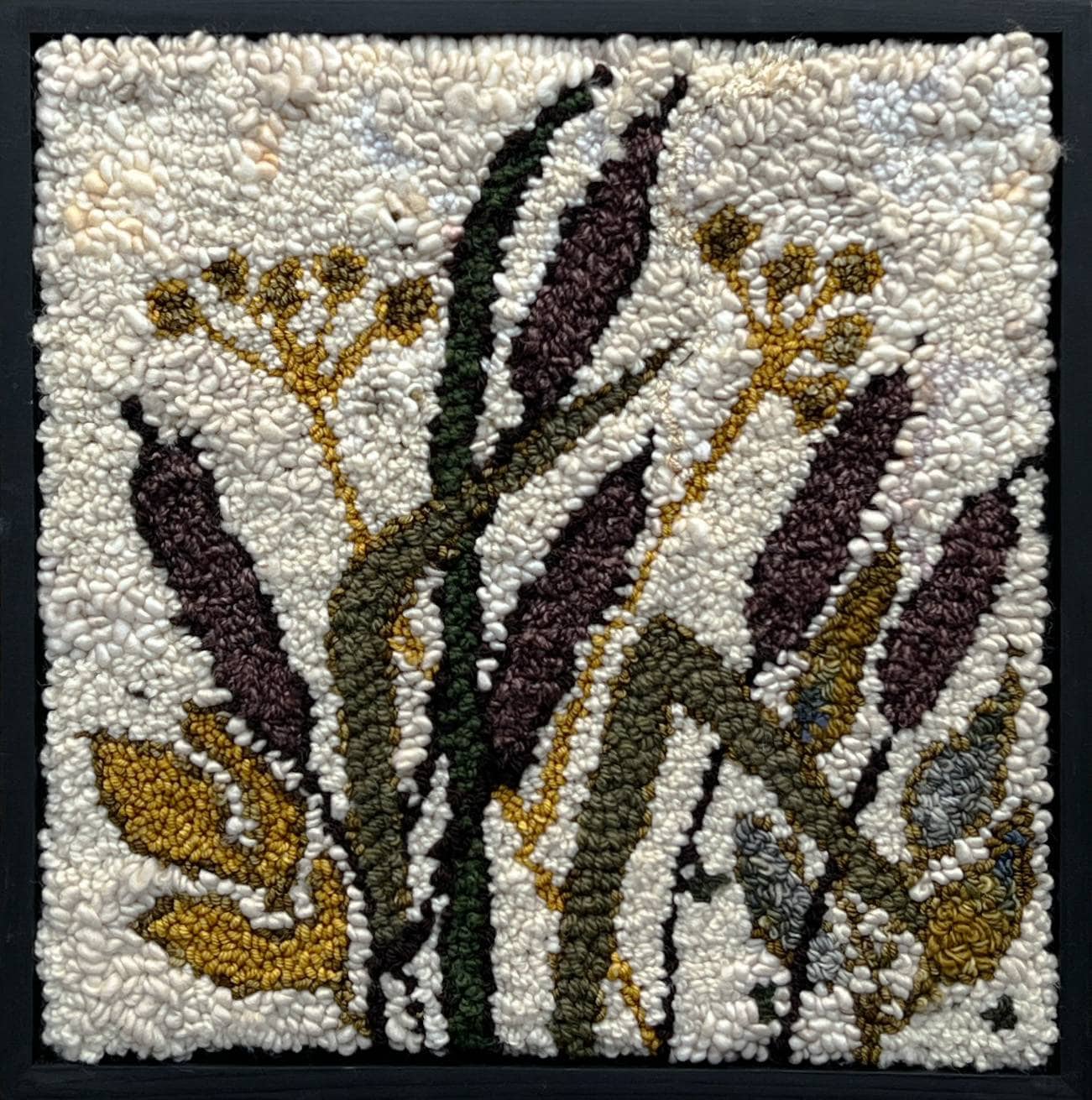 update alt-text with template Cattail #2 15.5" x 15.25" Framed Kit Sample-Rugs for sale-Deanne Fitzpatrick Rug Hooking Studio-Rug Hooking Kit -Rug Hooking Pattern -Rug Hooking -Deanne Fitzpatrick Rug Hooking Studio -Is rug hooking the same as punch needle?