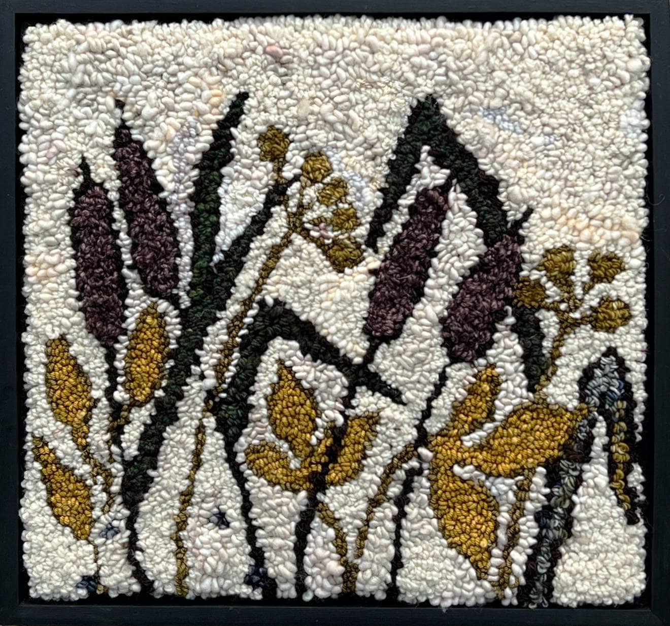 update alt-text with template Cattail #1 15.5" x 16.25" Framed Kit Sample-Rugs for sale-Deanne Fitzpatrick Rug Hooking Studio-Rug Hooking Kit -Rug Hooking Pattern -Rug Hooking -Deanne Fitzpatrick Rug Hooking Studio -Is rug hooking the same as punch needle?