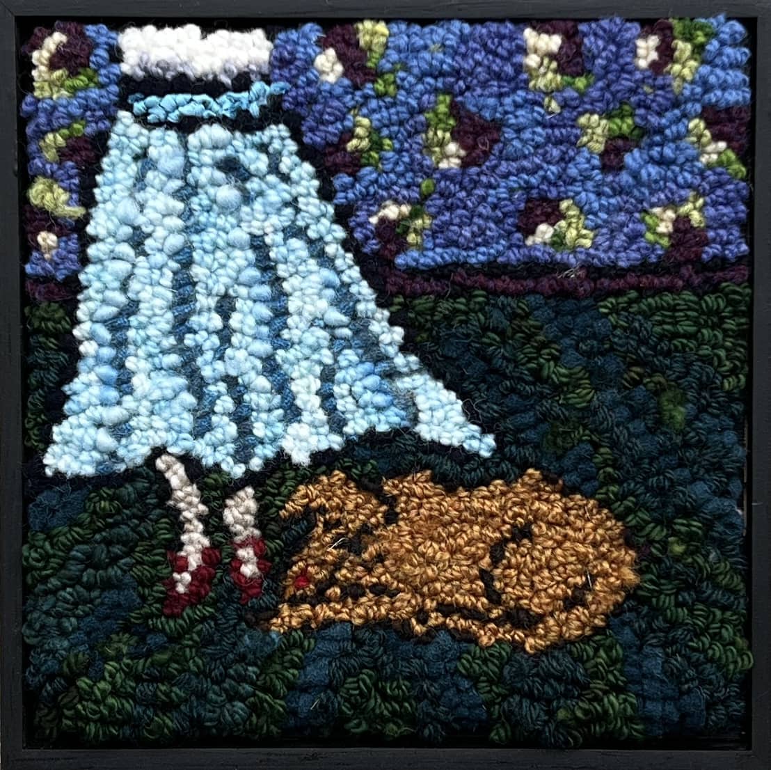 update alt-text with template Dog And Skirt 9" x 9" Framed-Rugs for sale-Deanne Fitzpatrick Rug Hooking Studio-Rug Hooking Kit -Rug Hooking Pattern -Rug Hooking -Deanne Fitzpatrick Rug Hooking Studio -Is rug hooking the same as punch needle?