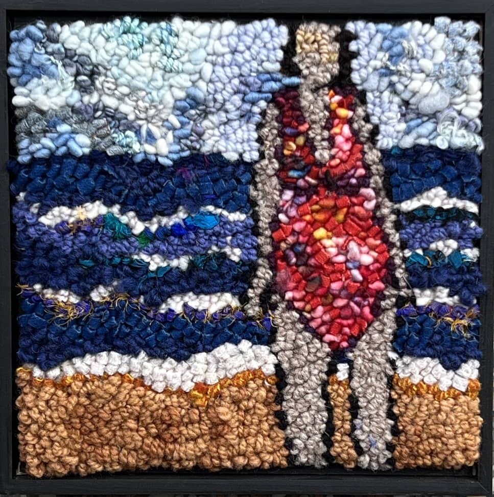 update alt-text with template New Bathing Suit 9" x 9" Framed-Rugs for sale-Deanne Fitzpatrick Rug Hooking Studio-Rug Hooking Kit -Rug Hooking Pattern -Rug Hooking -Deanne Fitzpatrick Rug Hooking Studio -Is rug hooking the same as punch needle?