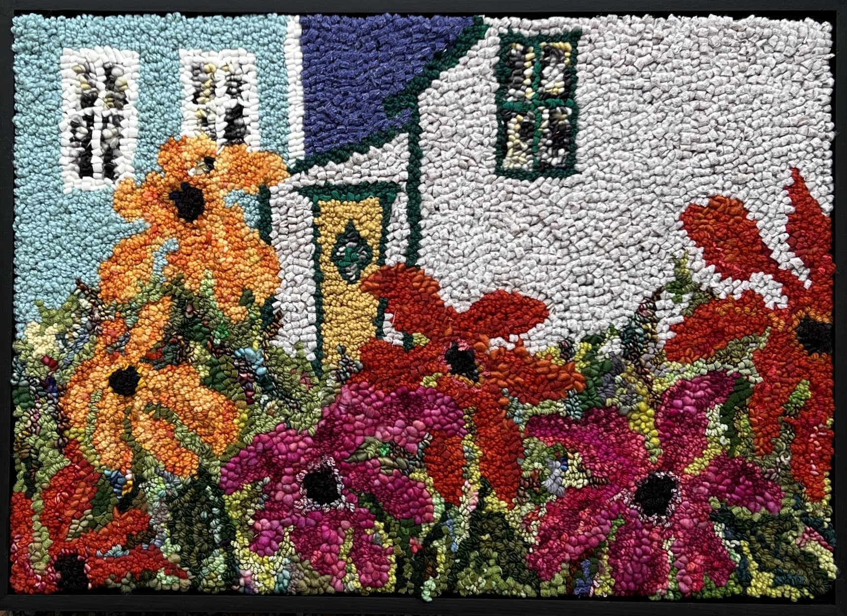 update alt-text with template Anome’s In The Village 26 1/2" x 19 1/4" Framed-Rugs for sale-Deanne Fitzpatrick Rug Hooking Studio-Rug Hooking Kit -Rug Hooking Pattern -Rug Hooking -Deanne Fitzpatrick Rug Hooking Studio -Is rug hooking the same as punch needle?