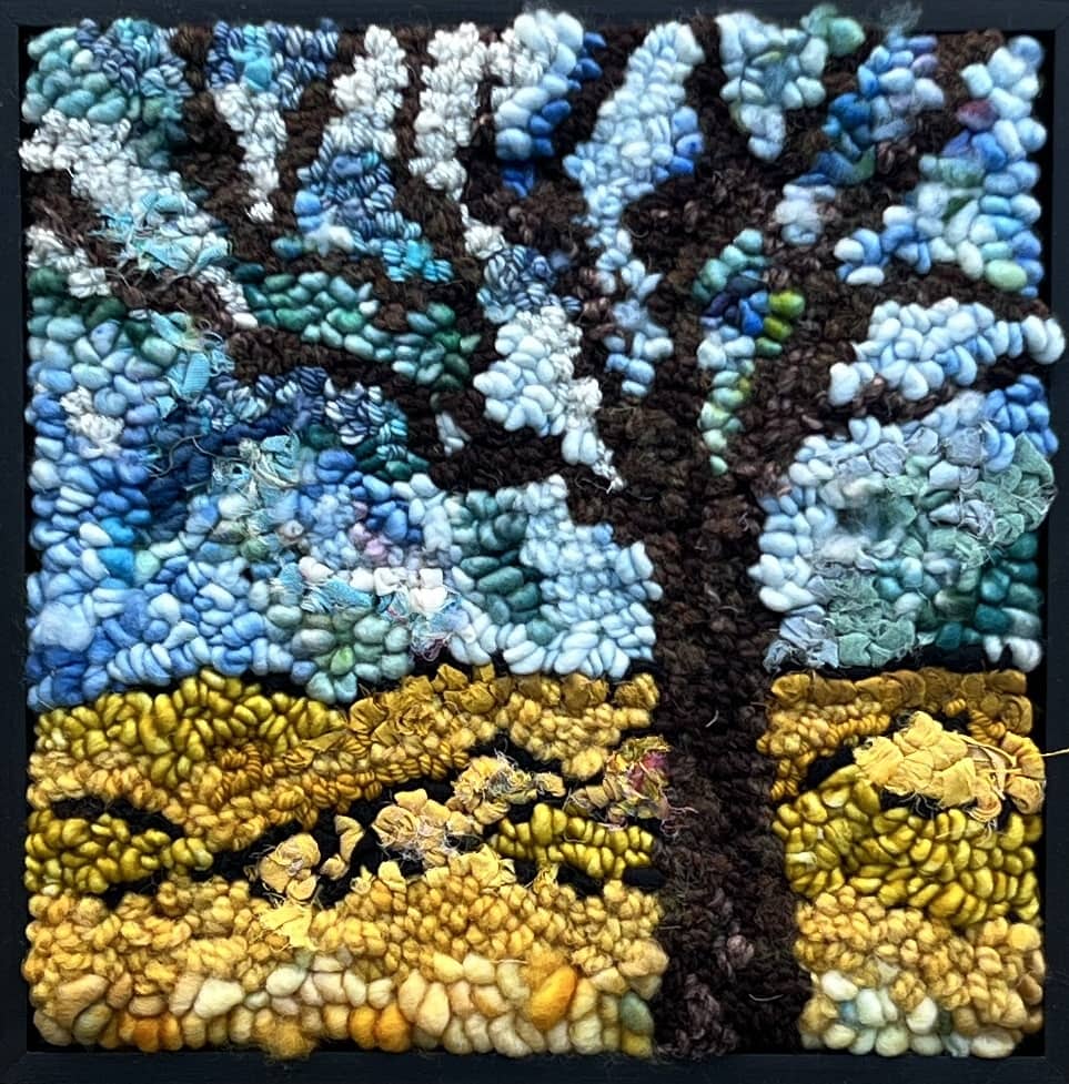update alt-text with template Bare Branches 9" x 9" Framed-Rugs for sale-Deanne Fitzpatrick Rug Hooking Studio-Rug Hooking Kit -Rug Hooking Pattern -Rug Hooking -Deanne Fitzpatrick Rug Hooking Studio -Is rug hooking the same as punch needle?