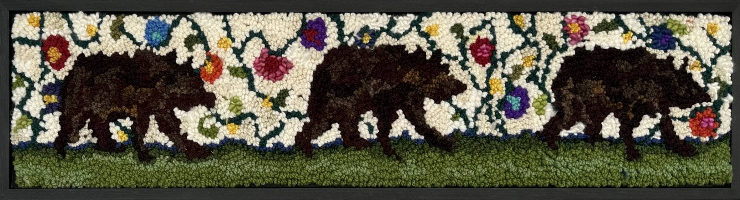 update alt-text with template Bears white background 30 3/4" x 8 1/4" Framed-Rugs for sale-Deanne Fitzpatrick Rug Hooking Studio-Rug Hooking Kit -Rug Hooking Pattern -Rug Hooking -Deanne Fitzpatrick Rug Hooking Studio -Is rug hooking the same as punch needle?