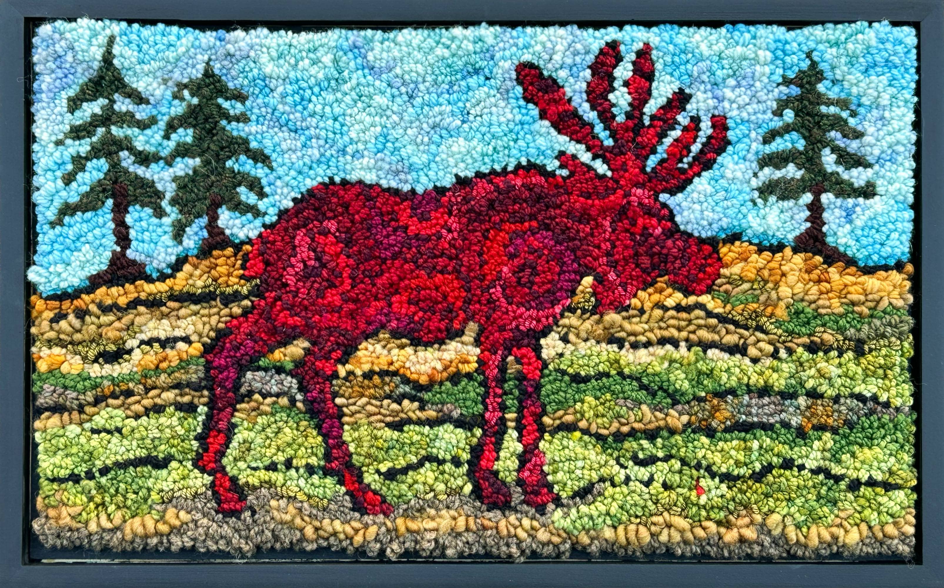 update alt-text with template Big Red Moose 21.5" x 13.5" Framed-Rugs for sale-Deanne Fitzpatrick Rug Hooking Studio-Rug Hooking Kit -Rug Hooking Pattern -Rug Hooking -Deanne Fitzpatrick Rug Hooking Studio -Is rug hooking the same as punch needle?