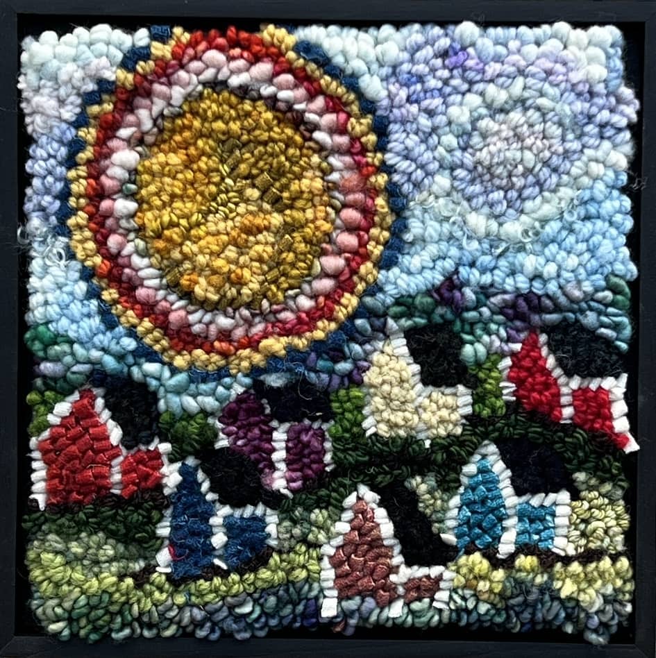 update alt-text with template Big Sun On The Village 9" x 9" Framed-Rugs for sale-Deanne Fitzpatrick Rug Hooking Studio-Rug Hooking Kit -Rug Hooking Pattern -Rug Hooking -Deanne Fitzpatrick Rug Hooking Studio -Is rug hooking the same as punch needle?