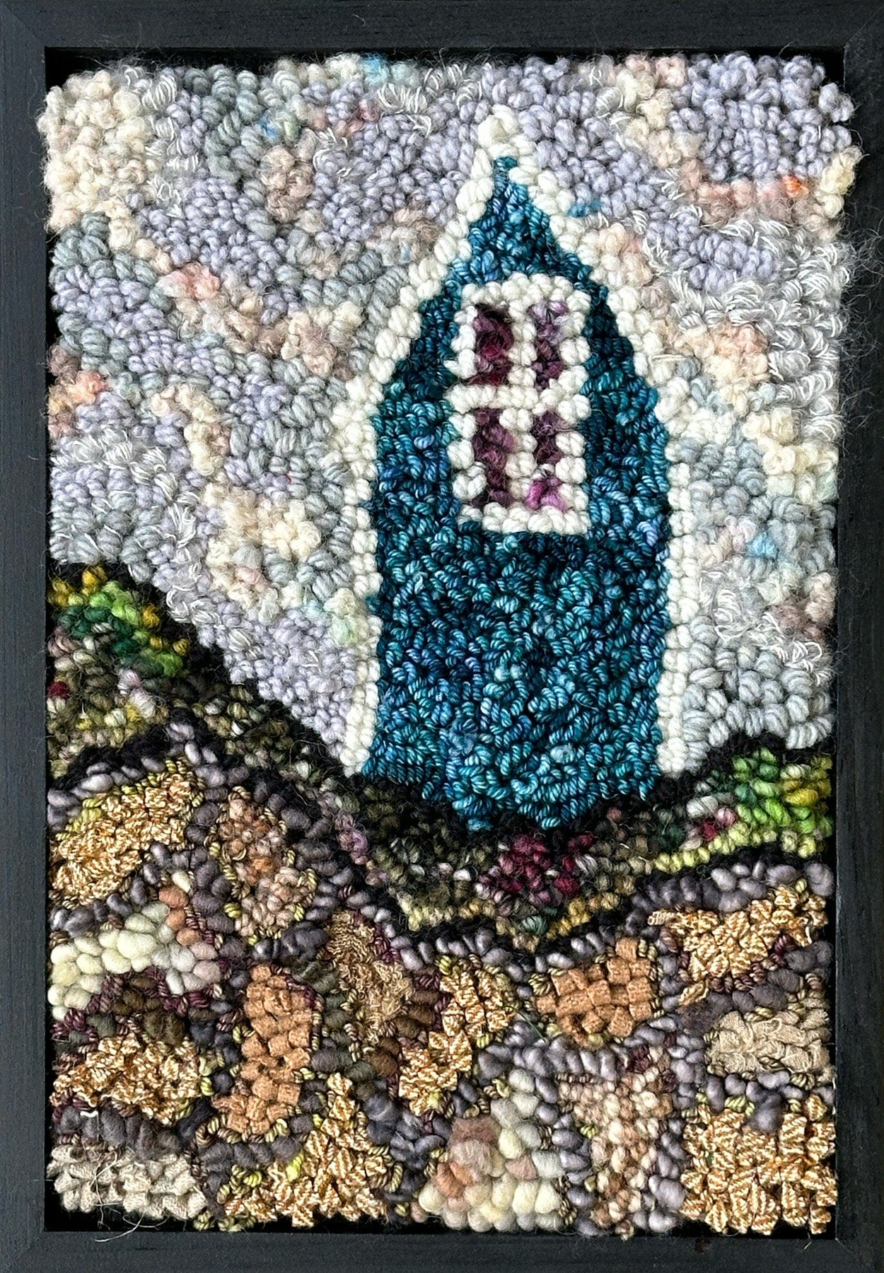 update alt-text with template Copy of House on the Cliff #2 9" x 13" Framed-Rugs for sale-Deanne Fitzpatrick Rug Hooking Studio-Rug Hooking Kit -Rug Hooking Pattern -Rug Hooking -Deanne Fitzpatrick Rug Hooking Studio -Is rug hooking the same as punch needle?