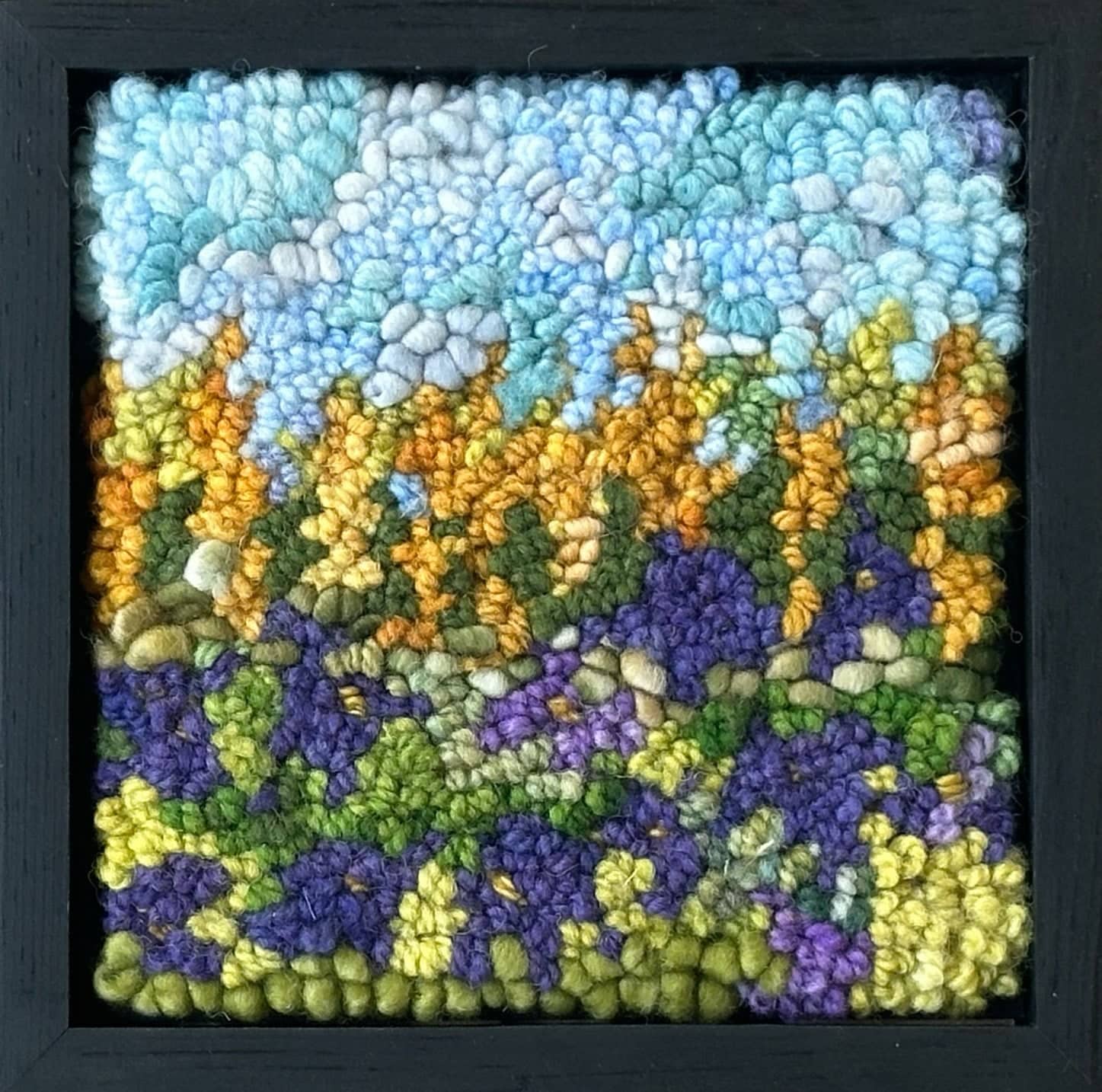 update alt-text with template Field of Violets 7.5" x 7.5" Framed-Rugs for sale-Deanne Fitzpatrick Rug Hooking Studio-Rug Hooking Kit -Rug Hooking Pattern -Rug Hooking -Deanne Fitzpatrick Rug Hooking Studio -Is rug hooking the same as punch needle?