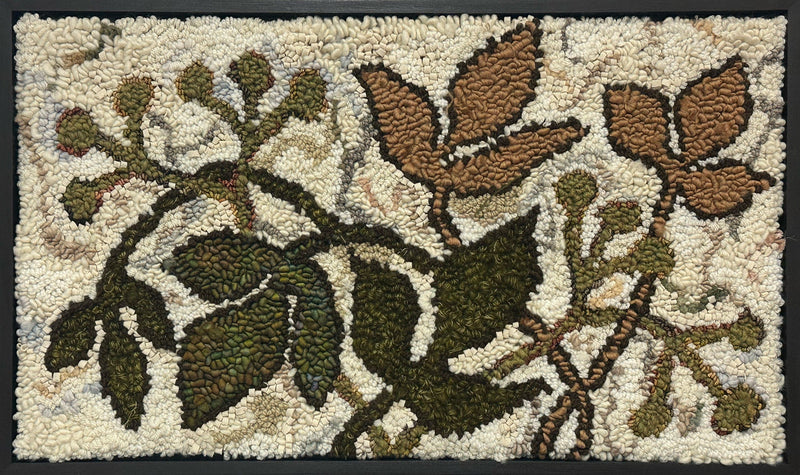 update alt-text with template Green Seed Pods, 15" x 25" Framed-Rugs for sale-Deanne Fitzpatrick Rug Hooking Studio-Rug Hooking Kit -Rug Hooking Pattern -Rug Hooking -Deanne Fitzpatrick Rug Hooking Studio -Is rug hooking the same as punch needle?