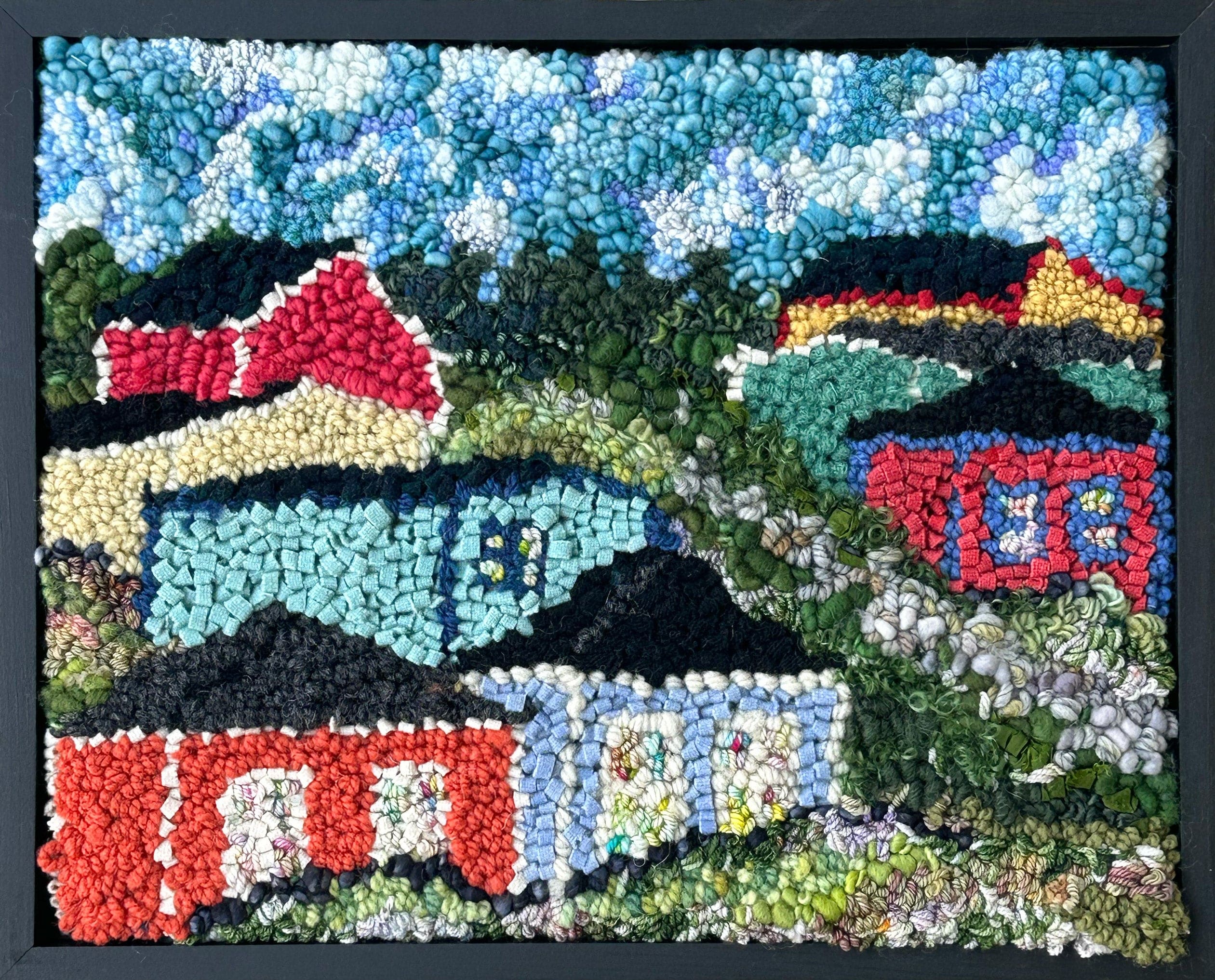 update alt-text with template Homes on the Hill #1, 12" x 15" Framed-Rugs for sale-Deanne Fitzpatrick Rug Hooking Studio-Rug Hooking Kit -Rug Hooking Pattern -Rug Hooking -Deanne Fitzpatrick Rug Hooking Studio -Is rug hooking the same as punch needle?