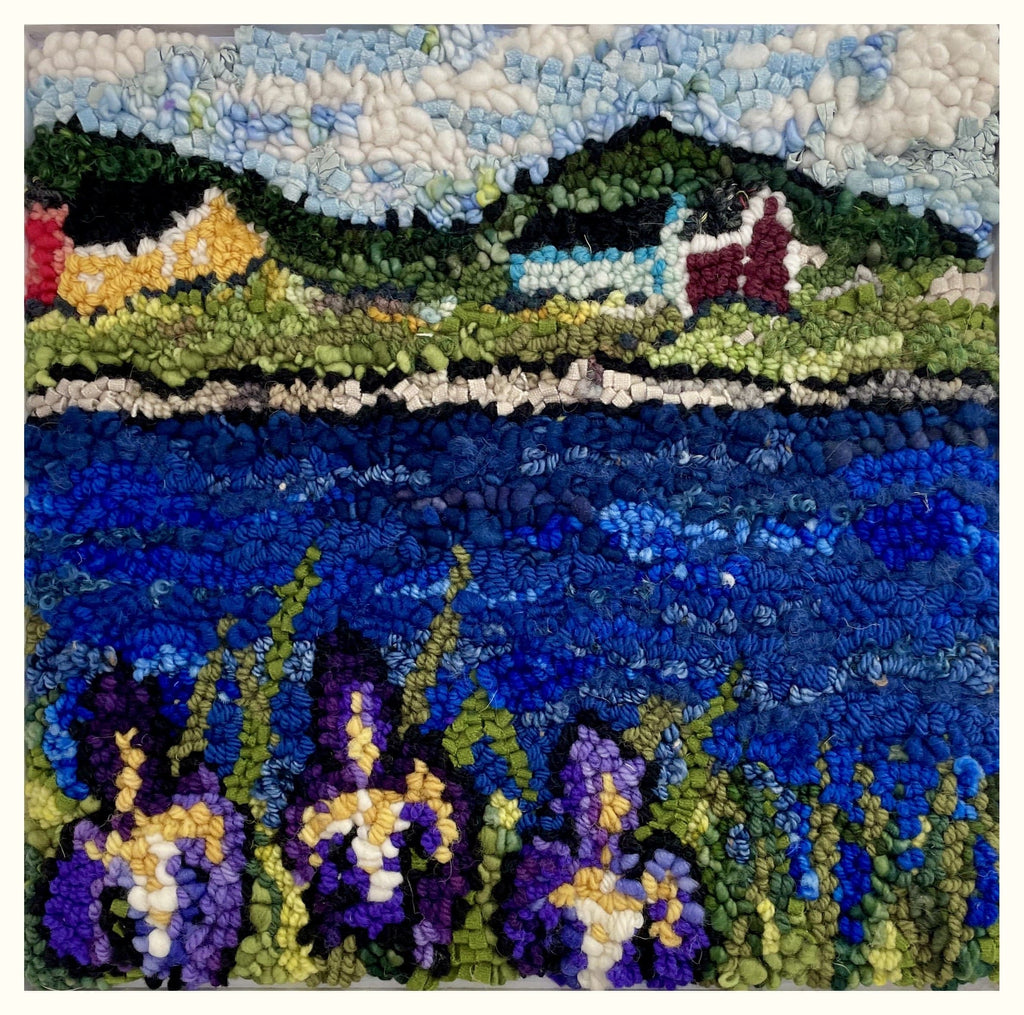 update alt-text with template Irises Across the Bay 15.5" x 15"-Rugs for sale-Deanne Fitzpatrick Rug Hooking Studio-Rug Hooking Kit -Rug Hooking Pattern -Rug Hooking -Deanne Fitzpatrick Rug Hooking Studio -Is rug hooking the same as punch needle?