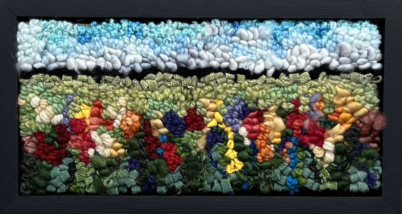update alt-text with template The Mystery Of The Wild Flowers Kit Sample 5 1/2" x 10 1/2" Framed-Rugs for sale-Deanne Fitzpatrick Rug Hooking Studio-Rug Hooking Kit -Rug Hooking Pattern -Rug Hooking -Deanne Fitzpatrick Rug Hooking Studio -Is rug hooking the same as punch needle?