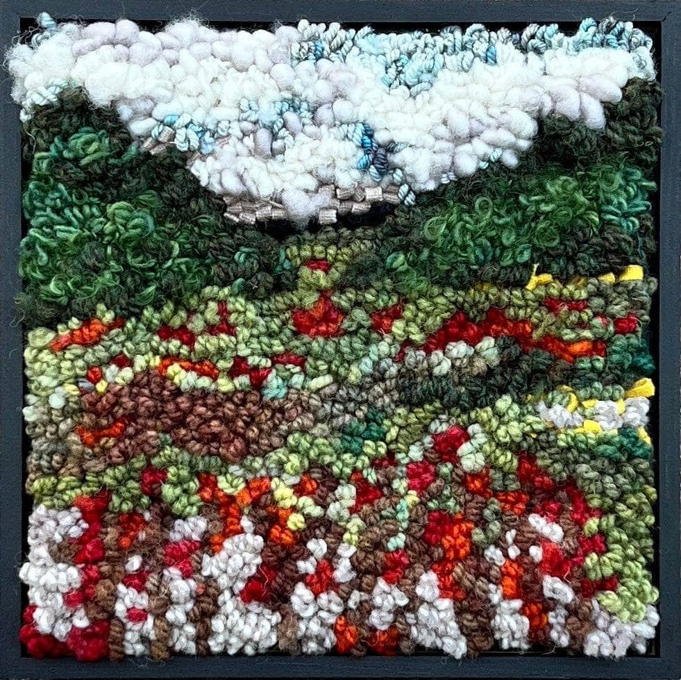 update alt-text with template Mystery in the Red Brambles - 8" x 8" kit sample Framed-Rugs for sale-Deanne Fitzpatrick Rug Hooking Studio-Rug Hooking Kit -Rug Hooking Pattern -Rug Hooking -Deanne Fitzpatrick Rug Hooking Studio -Is rug hooking the same as punch needle?