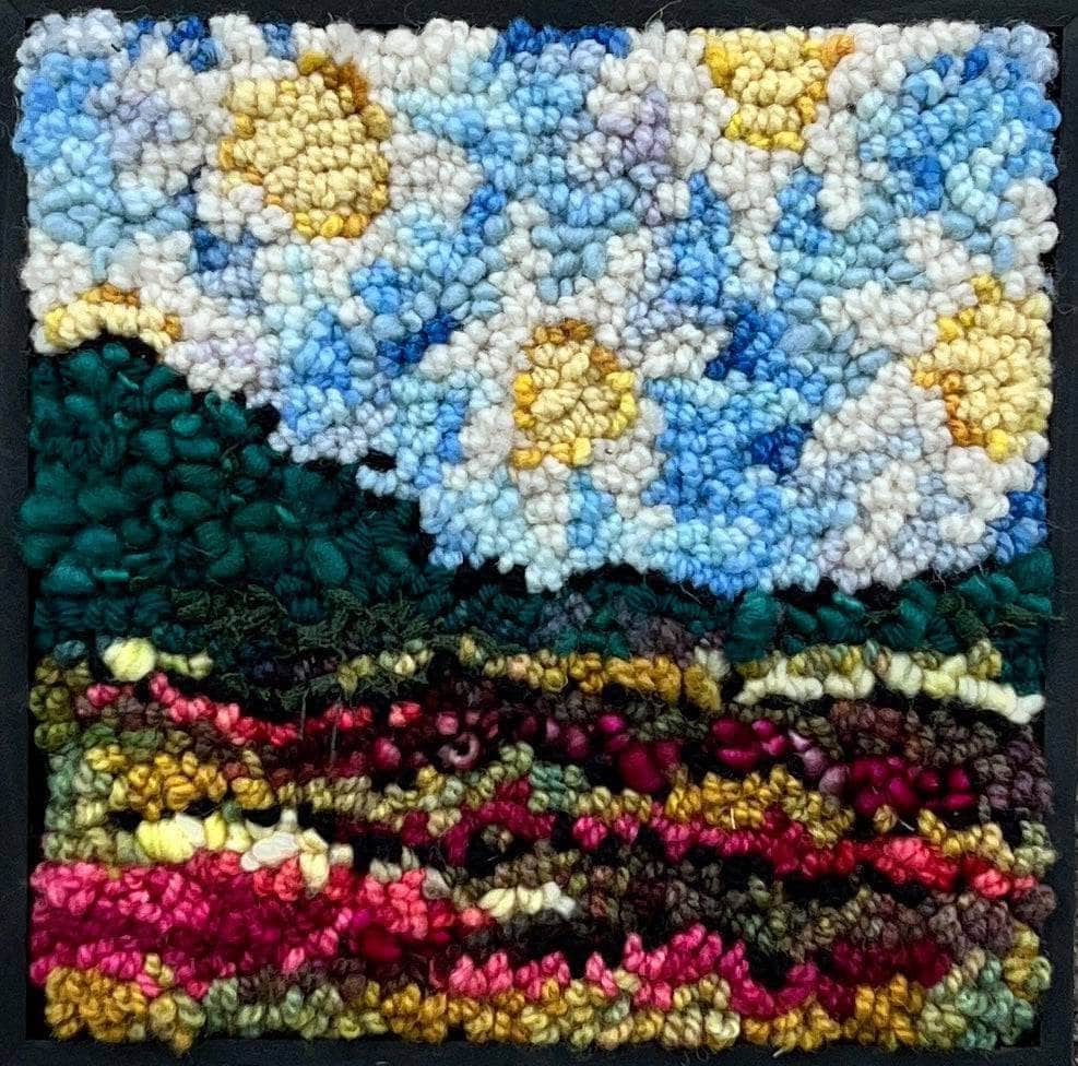 update alt-text with template Mystery of Flowers in the Sky 8" x 8" kit or pattern-Rugs for sale-Deanne Fitzpatrick Rug Hooking Studio-Rug Hooking Kit -Rug Hooking Pattern -Rug Hooking -Deanne Fitzpatrick Rug Hooking Studio -Is rug hooking the same as punch needle?