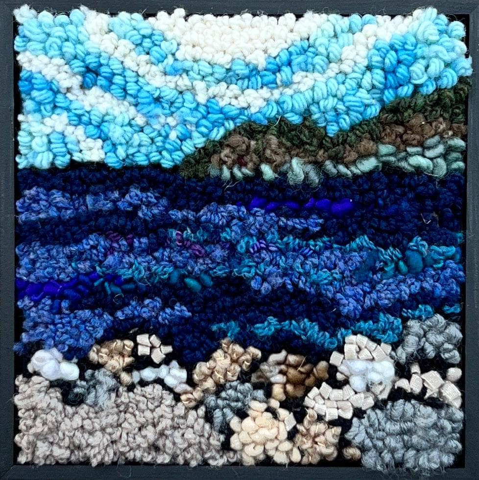 update alt-text with template Mystery of the Beach Rocks at Deep Cove - 8" x 8" kit sample Framed-Rugs for sale-Deanne Fitzpatrick Rug Hooking Studio-Rug Hooking Kit -Rug Hooking Pattern -Rug Hooking -Deanne Fitzpatrick Rug Hooking Studio -Is rug hooking the same as punch needle?