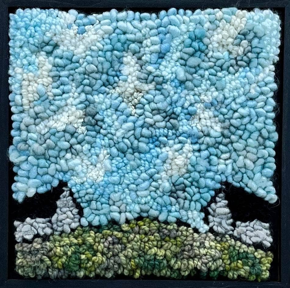update alt-text with template Mystery of the birds in the sky over two barns 8" x 8" kit sample Framed-Rugs for sale-Deanne Fitzpatrick Rug Hooking Studio-Rug Hooking Kit -Rug Hooking Pattern -Rug Hooking -Deanne Fitzpatrick Rug Hooking Studio -Is rug hooking the same as punch needle?