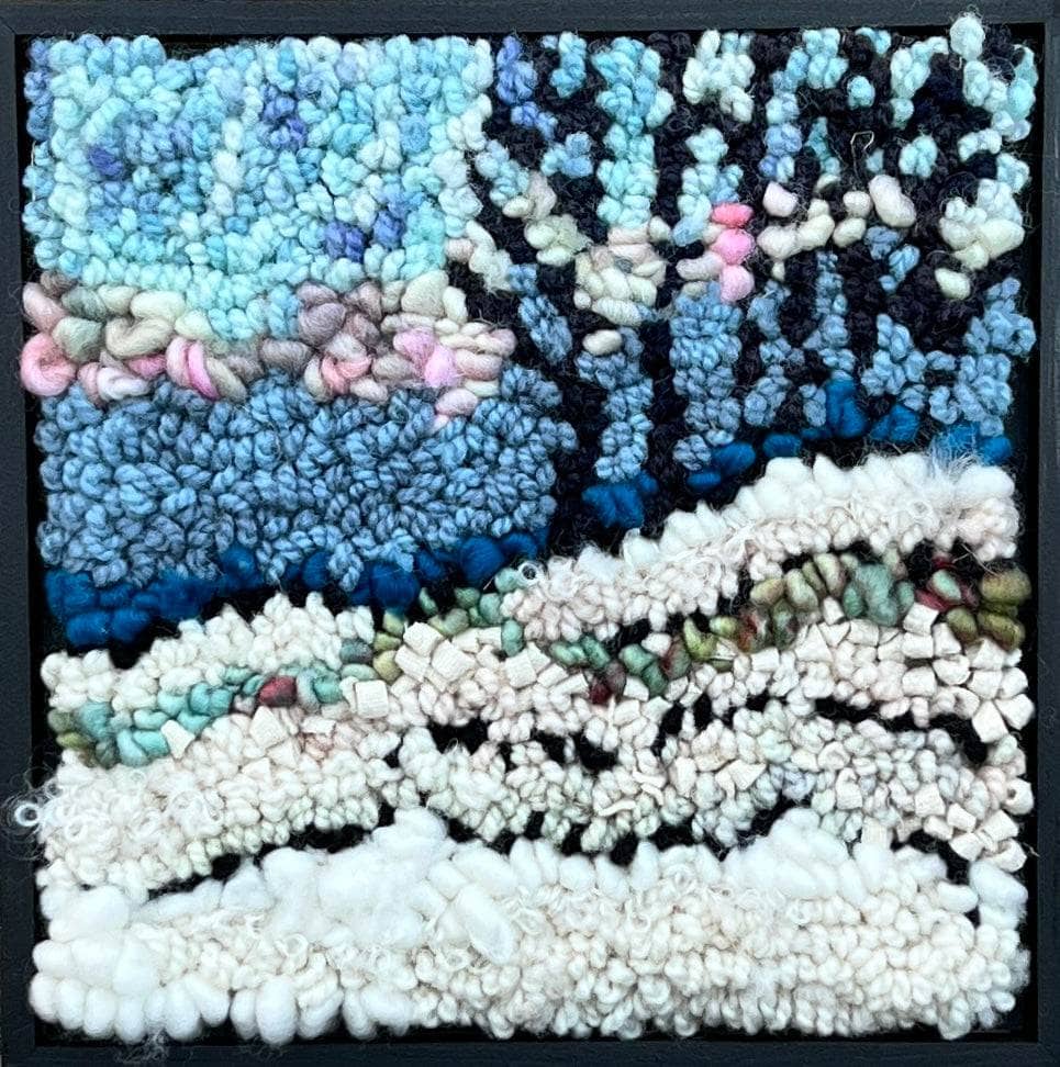 update alt-text with template Mystery of the Blue Trees in Snow - 8" x 8" kit sample Framed-Rugs for sale-Deanne Fitzpatrick Rug Hooking Studio-Rug Hooking Kit -Rug Hooking Pattern -Rug Hooking -Deanne Fitzpatrick Rug Hooking Studio -Is rug hooking the same as punch needle?