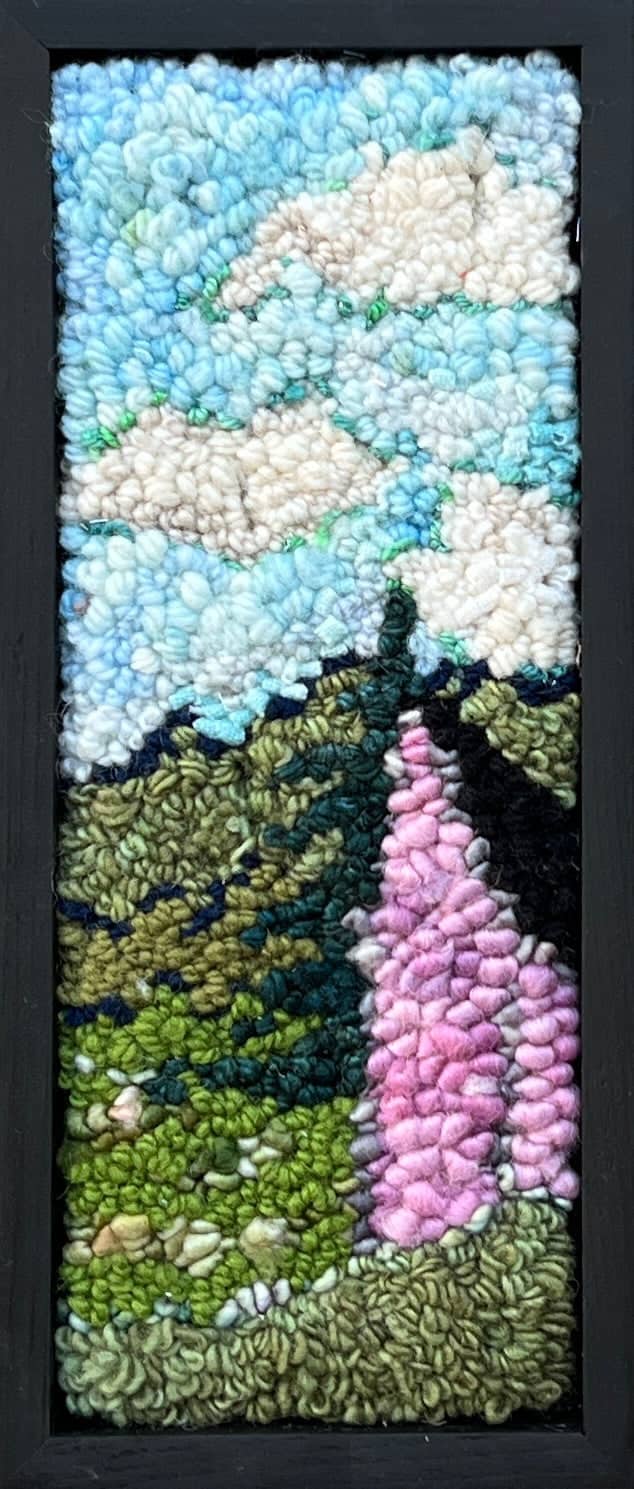 update alt-text with template Mystery of the Cloudy Summer Day #2 - 5.25" x 12.25" kit sample Framed-Rugs for sale-Deanne Fitzpatrick Rug Hooking Studio-Rug Hooking Kit -Rug Hooking Pattern -Rug Hooking -Deanne Fitzpatrick Rug Hooking Studio -Is rug hooking the same as punch needle?