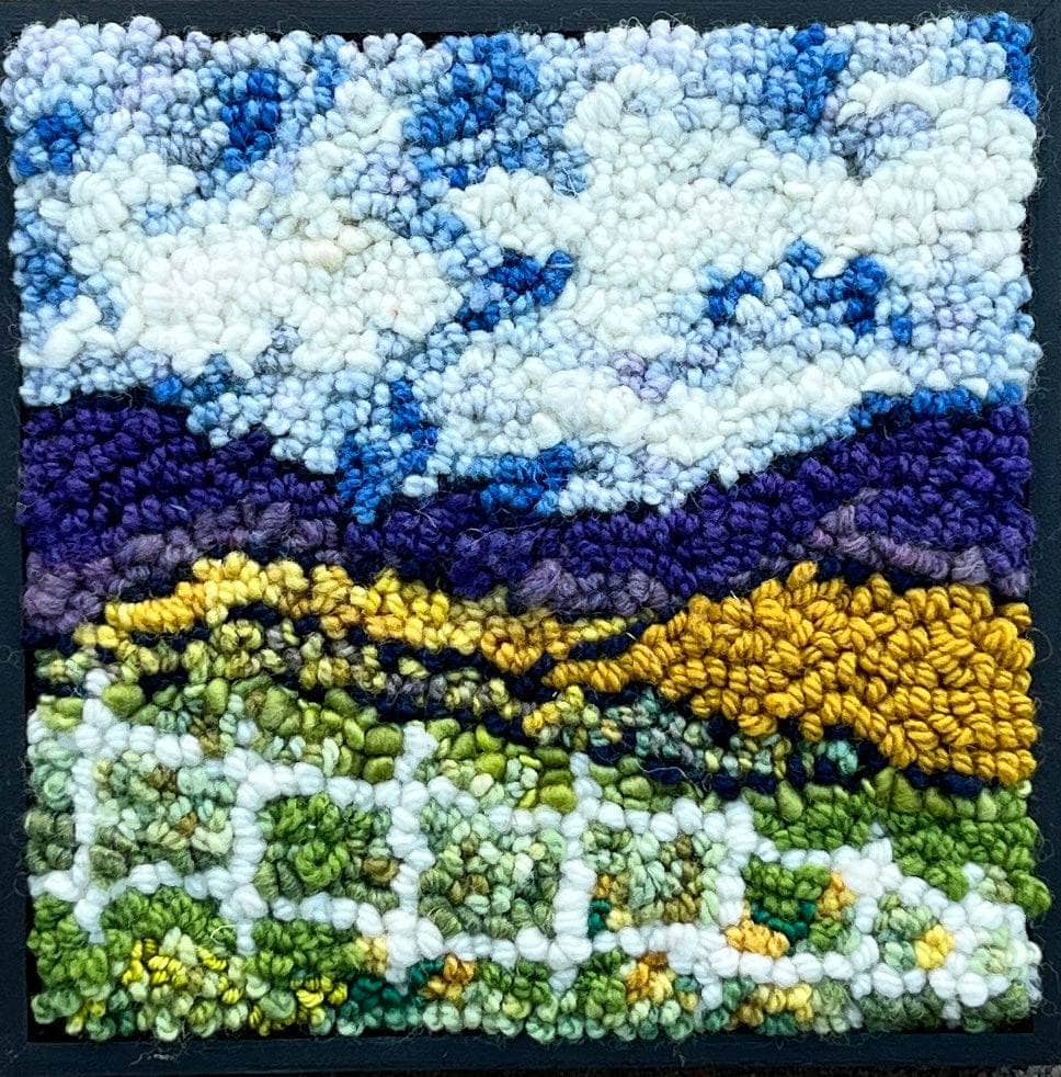 update alt-text with template Mystery of the fence in the field 8" x 8" kit sample Framed-Rugs for sale-Deanne Fitzpatrick Rug Hooking Studio-Rug Hooking Kit -Rug Hooking Pattern -Rug Hooking -Deanne Fitzpatrick Rug Hooking Studio -Is rug hooking the same as punch needle?