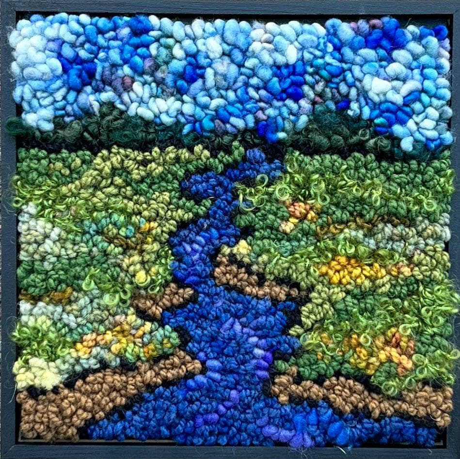 update alt-text with template Mystery of the fundy river 8" x 8" kit sample Framed-Rugs for sale-Deanne Fitzpatrick Rug Hooking Studio-Rug Hooking Kit -Rug Hooking Pattern -Rug Hooking -Deanne Fitzpatrick Rug Hooking Studio -Is rug hooking the same as punch needle?