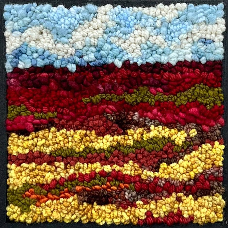 update alt-text with template Mystery of the golden rod in the blueberry field- 8" x 8" kit sample Framed-Rugs for sale-Deanne Fitzpatrick Rug Hooking Studio-Rug Hooking Kit -Rug Hooking Pattern -Rug Hooking -Deanne Fitzpatrick Rug Hooking Studio -Is rug hooking the same as punch needle?