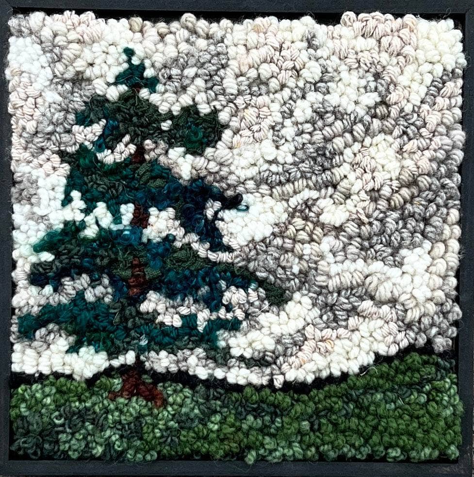 update alt-text with template Mystery of the Lone pine- 8" x 8" kit sample Framed-Rugs for sale-Deanne Fitzpatrick Rug Hooking Studio-Rug Hooking Kit -Rug Hooking Pattern -Rug Hooking -Deanne Fitzpatrick Rug Hooking Studio -Is rug hooking the same as punch needle?