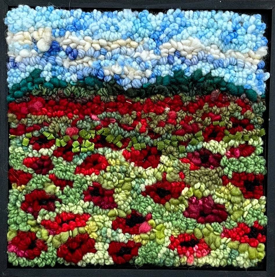 update alt-text with template Mystery of the Poppies- 8" x 8" kit sample Framed-Rugs for sale-Deanne Fitzpatrick Rug Hooking Studio-Rug Hooking Kit -Rug Hooking Pattern -Rug Hooking -Deanne Fitzpatrick Rug Hooking Studio -Is rug hooking the same as punch needle?