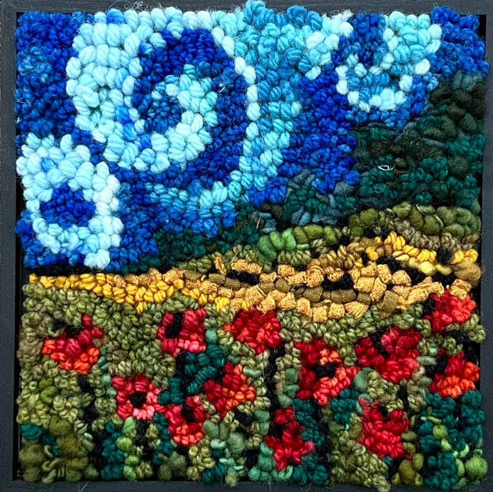 update alt-text with template Mystery of the poppies and the swirl sky- 8" x 8" kit sample Framed-Rugs for sale-Deanne Fitzpatrick Rug Hooking Studio-Rug Hooking Kit -Rug Hooking Pattern -Rug Hooking -Deanne Fitzpatrick Rug Hooking Studio -Is rug hooking the same as punch needle?