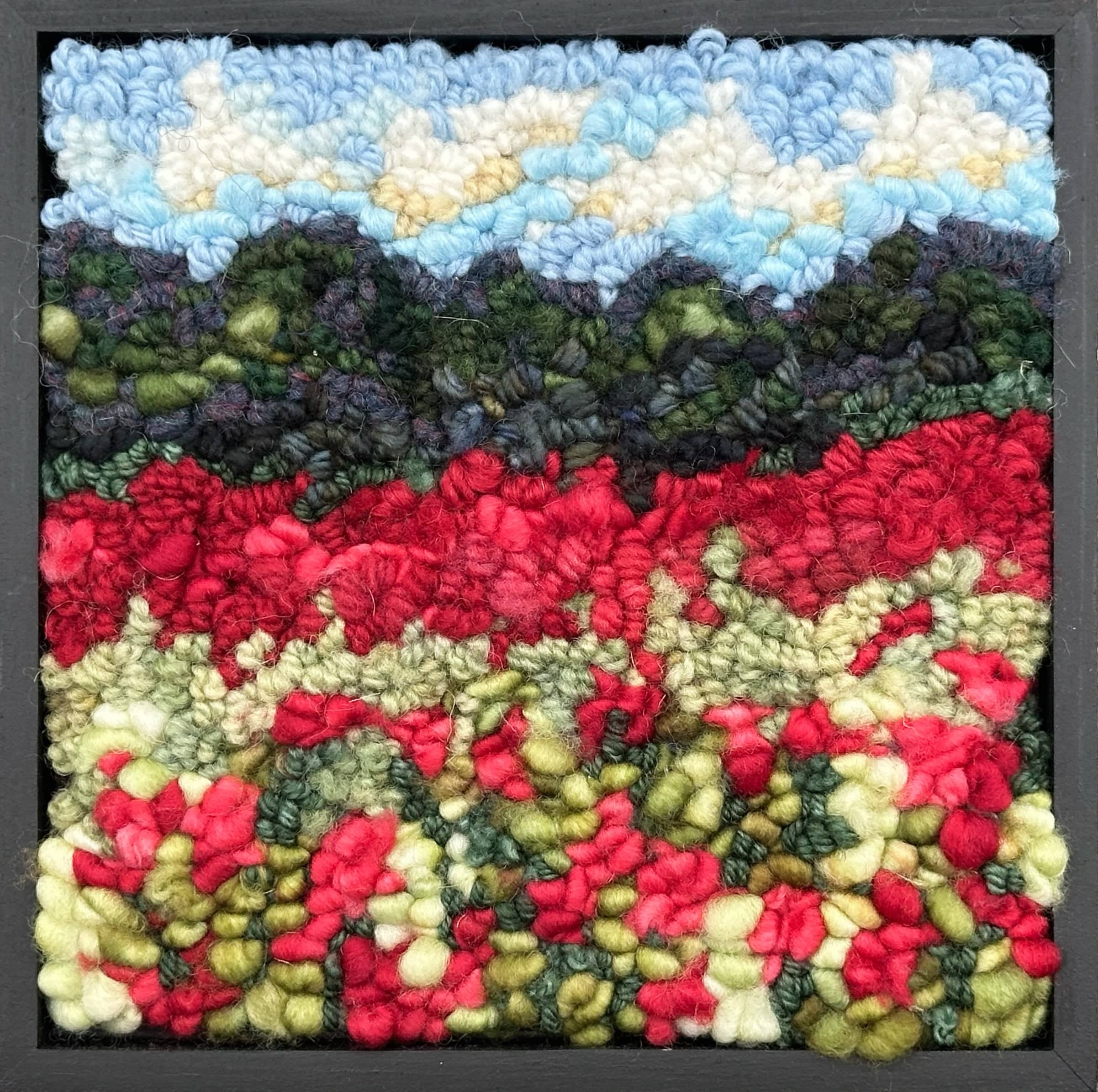 update alt-text with template Mystery of the Red in the Field - 6.5" x 6.5" kit sample Framed-Rugs for sale-Deanne Fitzpatrick Rug Hooking Studio-Rug Hooking Kit -Rug Hooking Pattern -Rug Hooking -Deanne Fitzpatrick Rug Hooking Studio -Is rug hooking the same as punch needle?