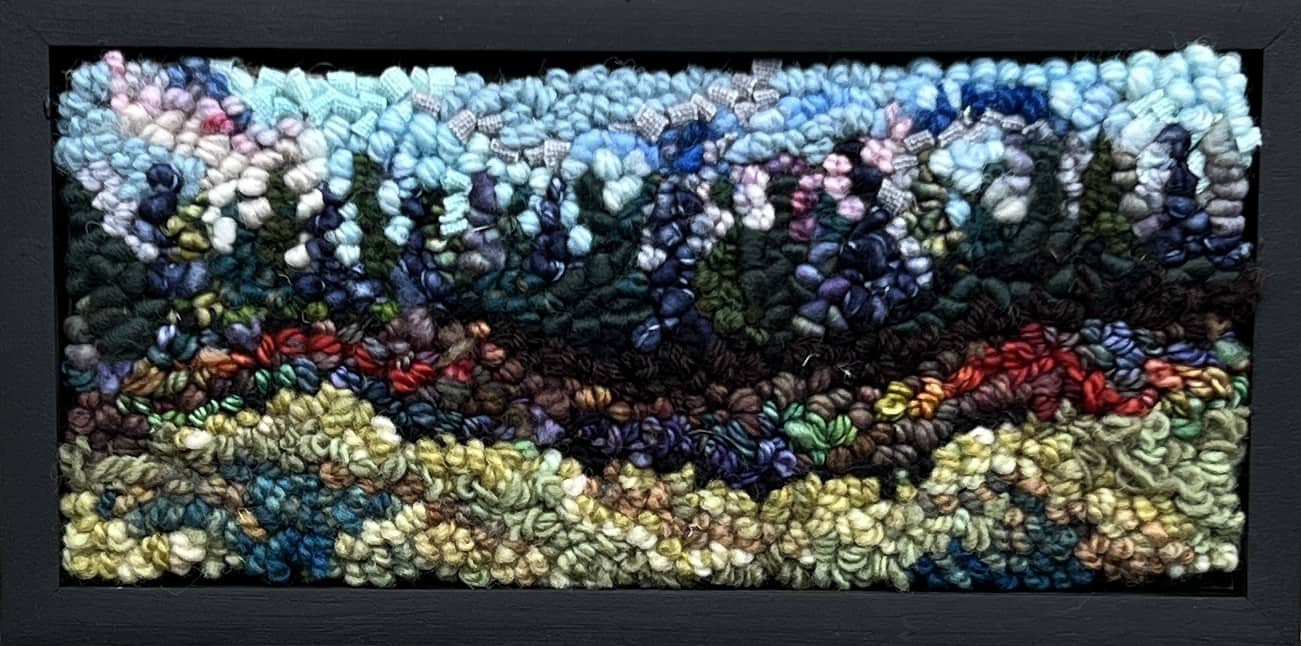 update alt-text with template Mystery Of The Roadside Flowers Kit Sample 5 1/2" x 10 1/2" Framed-Rugs for sale-Deanne Fitzpatrick Rug Hooking Studio-Rug Hooking Kit -Rug Hooking Pattern -Rug Hooking -Deanne Fitzpatrick Rug Hooking Studio -Is rug hooking the same as punch needle?