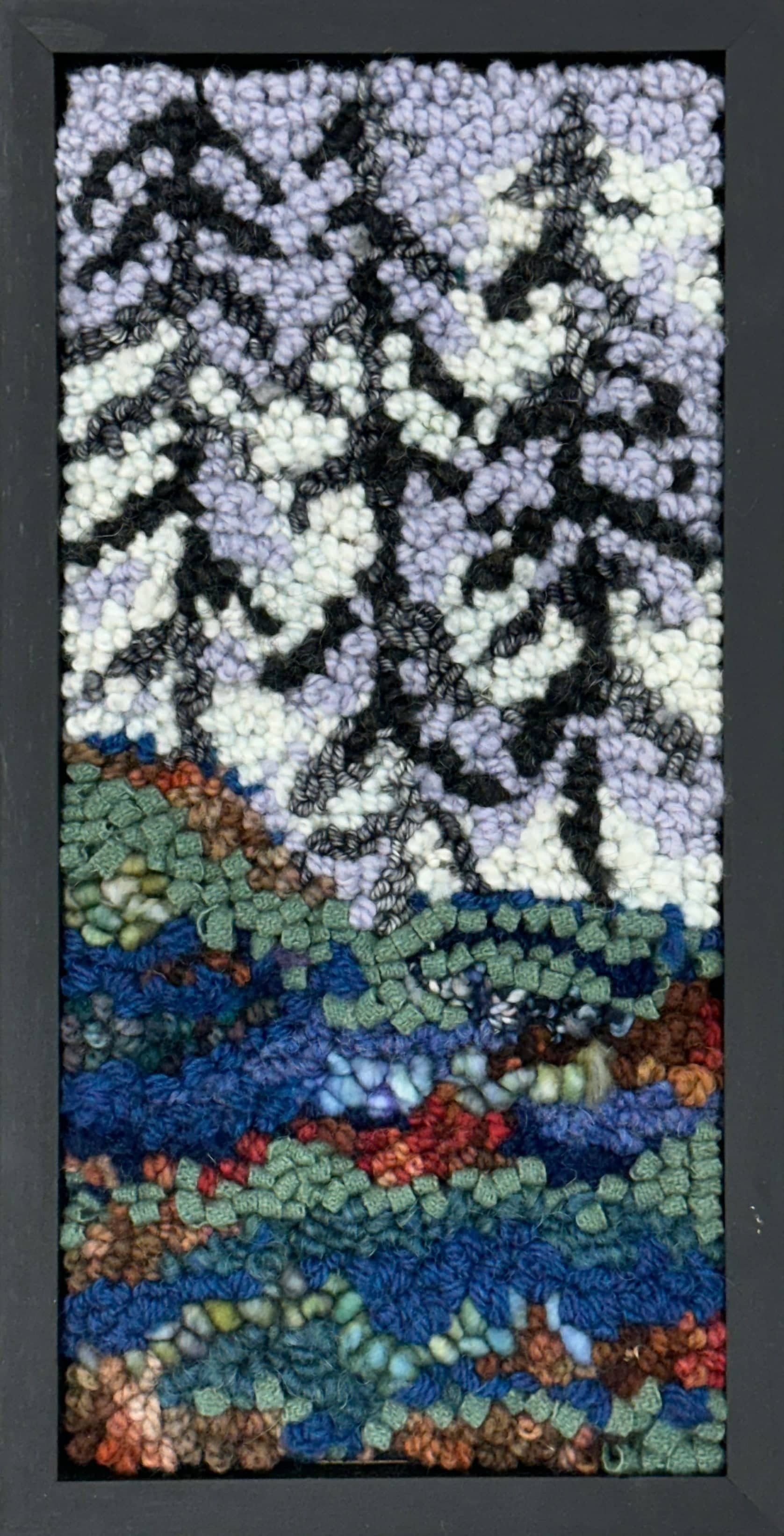 update alt-text with template Mystery of the three trees on the hill - 6.75" x 12.25" kit sample Framed-Rugs for sale-Deanne Fitzpatrick Rug Hooking Studio-Rug Hooking Kit -Rug Hooking Pattern -Rug Hooking -Deanne Fitzpatrick Rug Hooking Studio -Is rug hooking the same as punch needle?