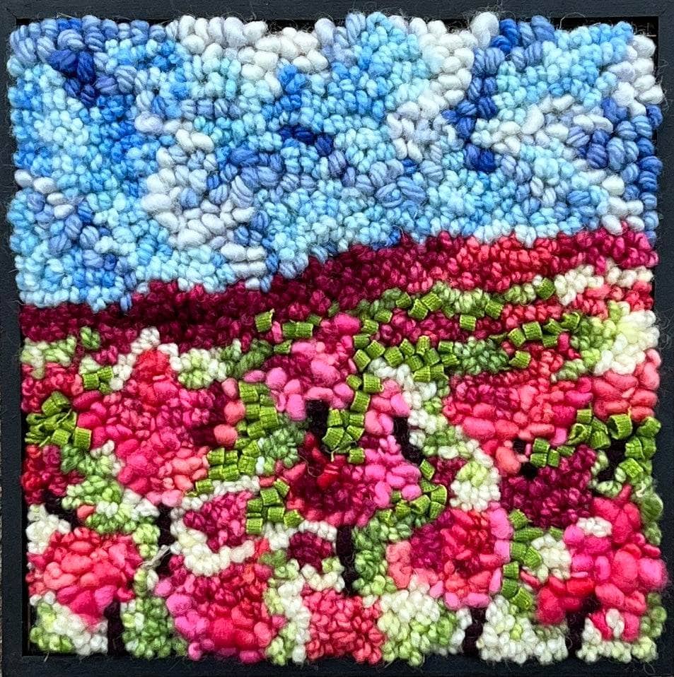 update alt-text with template Mystery of the wild peonies 8" x 8" kit sample Framed-Rugs for sale-Deanne Fitzpatrick Rug Hooking Studio-Rug Hooking Kit -Rug Hooking Pattern -Rug Hooking -Deanne Fitzpatrick Rug Hooking Studio -Is rug hooking the same as punch needle?
