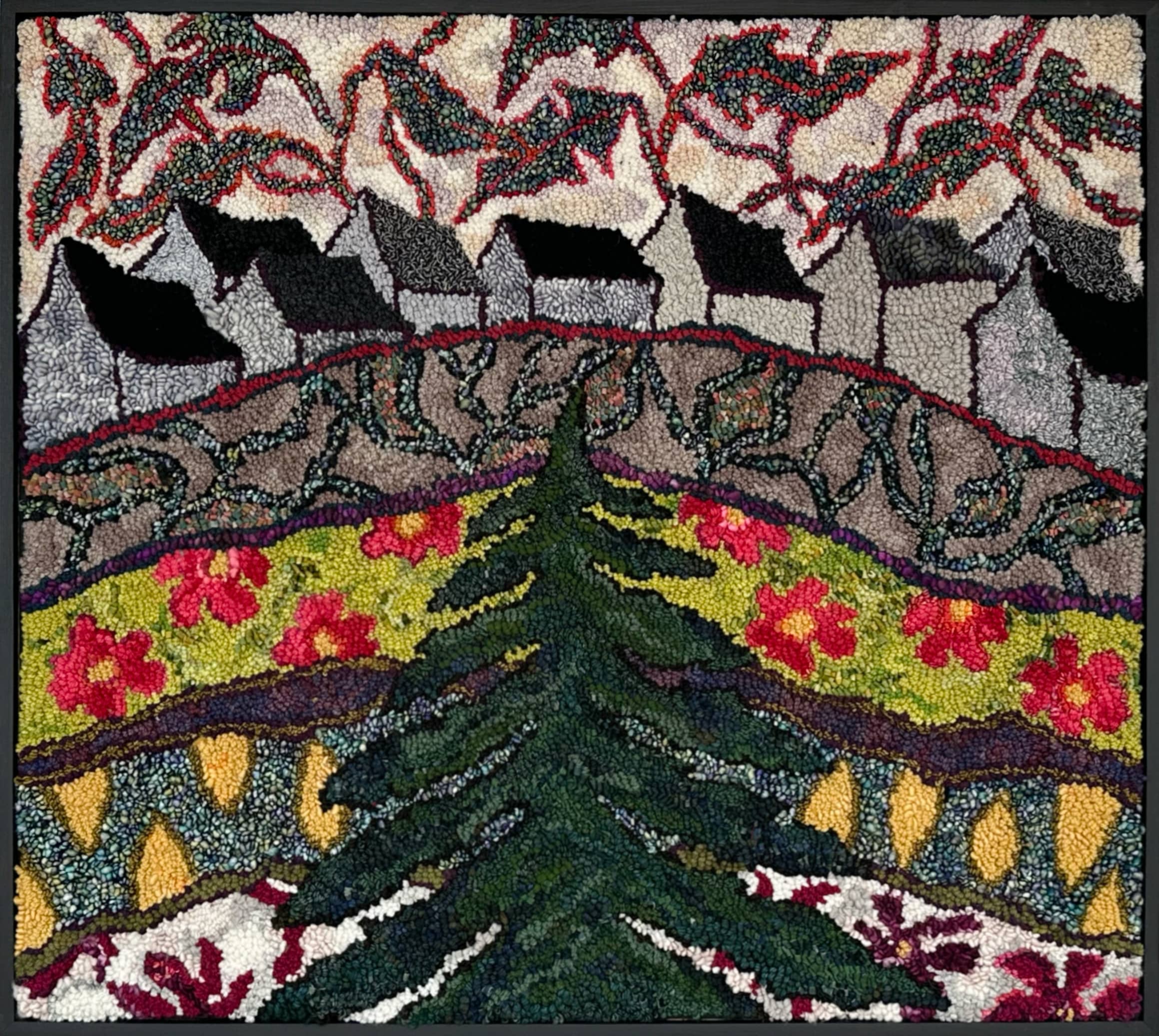 update alt-text with template Nine Barns and Spruce 39" x 35" Framed-Rugs for sale-Deanne Fitzpatrick Rug Hooking Studio-Rug Hooking Kit -Rug Hooking Pattern -Rug Hooking -Deanne Fitzpatrick Rug Hooking Studio -Is rug hooking the same as punch needle?